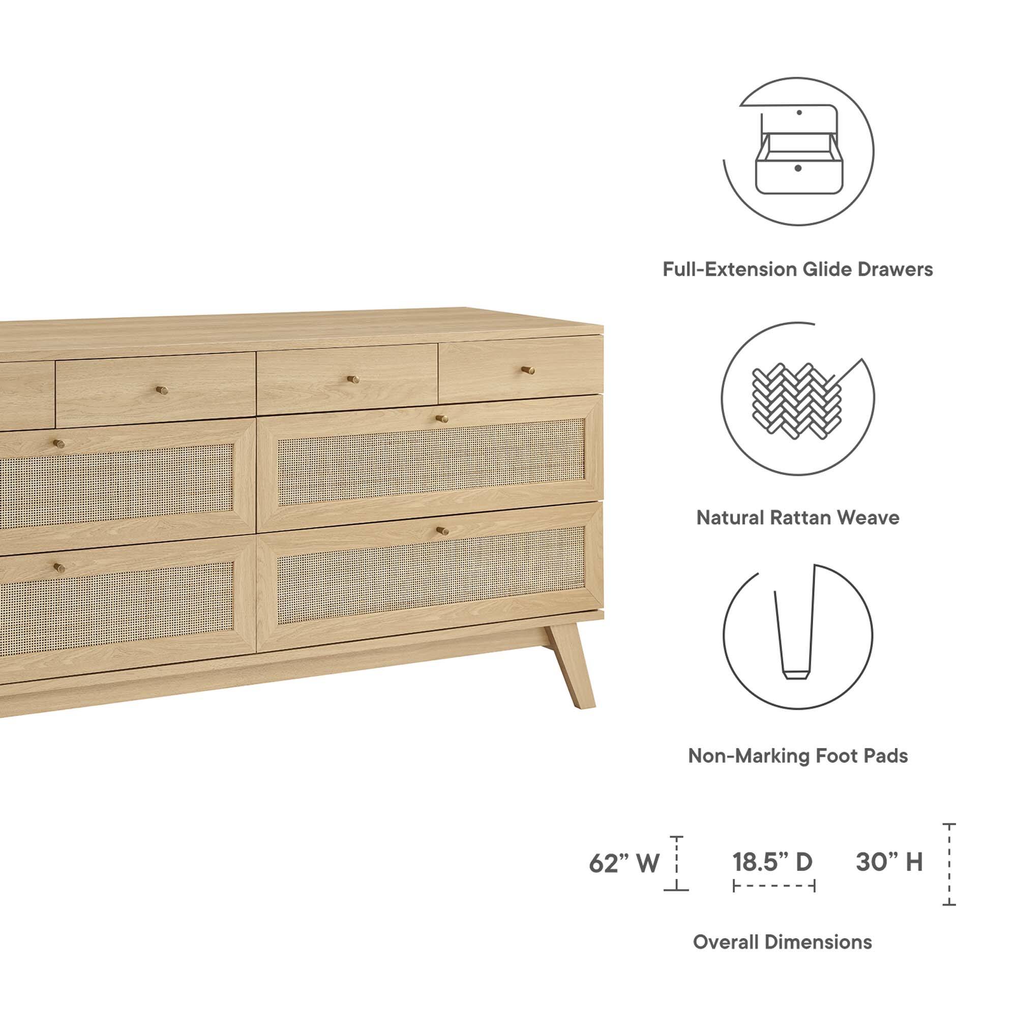 Full-Extension Glide Drawers  
Natural Rattan Weave  
Non-Marking Foot Pads  

62" W x 18.5" D x 30" H  
Overall Dimensions