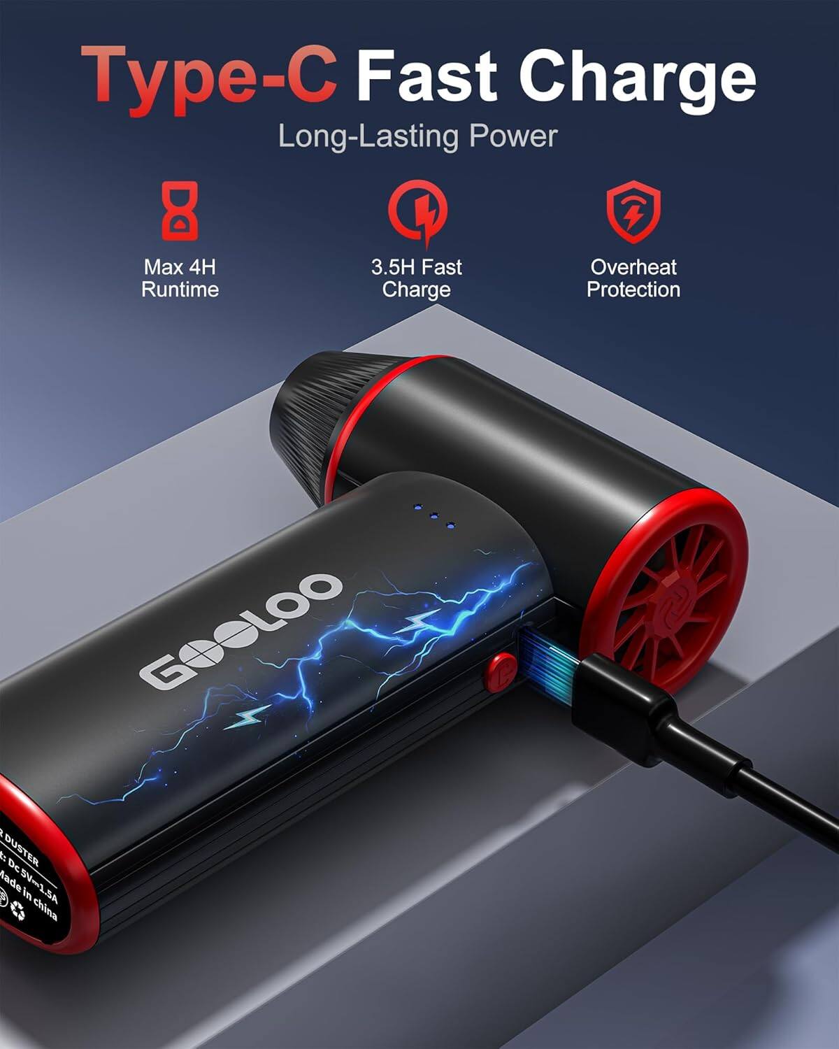 Type-C Fast Charge  
Long-Lasting Power  
Max 4H Runtime  
3.5H Fast Charge  
Overheat Protection  

GOeLOO  
DUSTER DC5V-1.5A  
Made in China