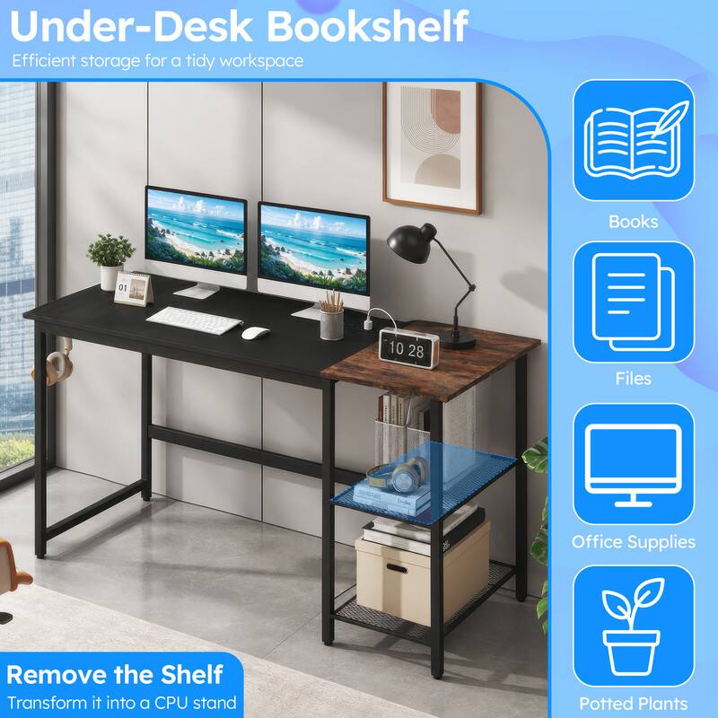 Under-Desk Bookshelf  
Efficient storage for a tidy workspace  

Books  
Files  
Office Supplies  
Potted Plants  

Remove the Shelf  
Transform it into a CPU stand