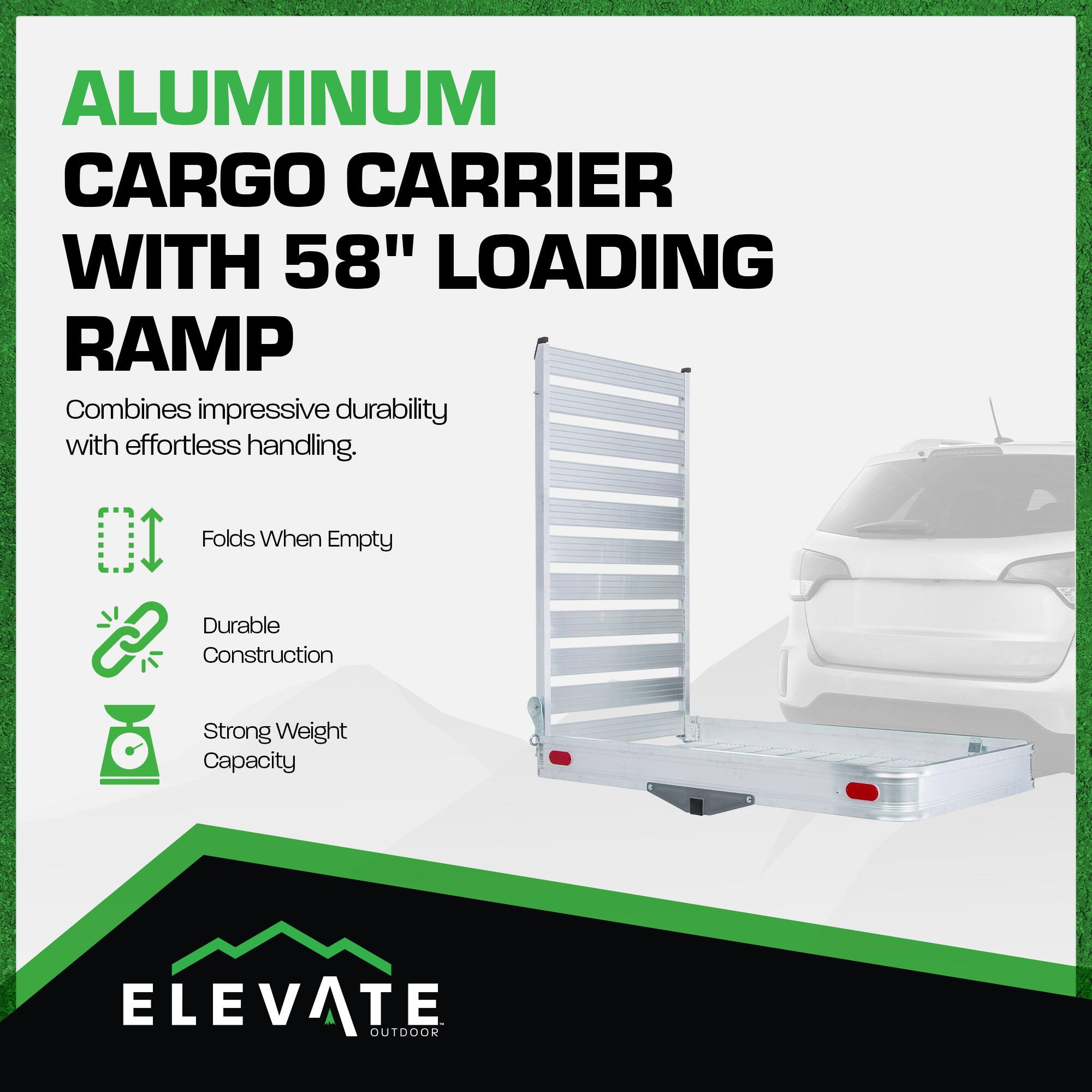 ALUMINUM CARGO CARRIER WITH 58" LOADING RAMP

Combines impressive durability with effortless handling.

- Folds When Empty
- Durable Construction
- Strong Weight Capacity

ELEVATE OUTDOOR