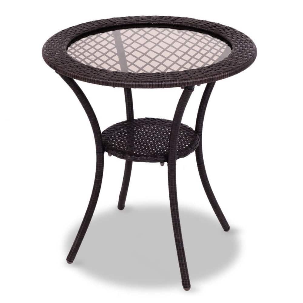 Pefilos - Round Rattan Wicker Coffee Table with Lower Shelf, Round Table with Solid Structure, Table with Removable Tempered Table - Brown