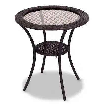 Front. Pefilos - Round Rattan Wicker Coffee Table with Lower Shelf, Round Table with Solid Structure, Table with Removable Tempered Table - Brown.