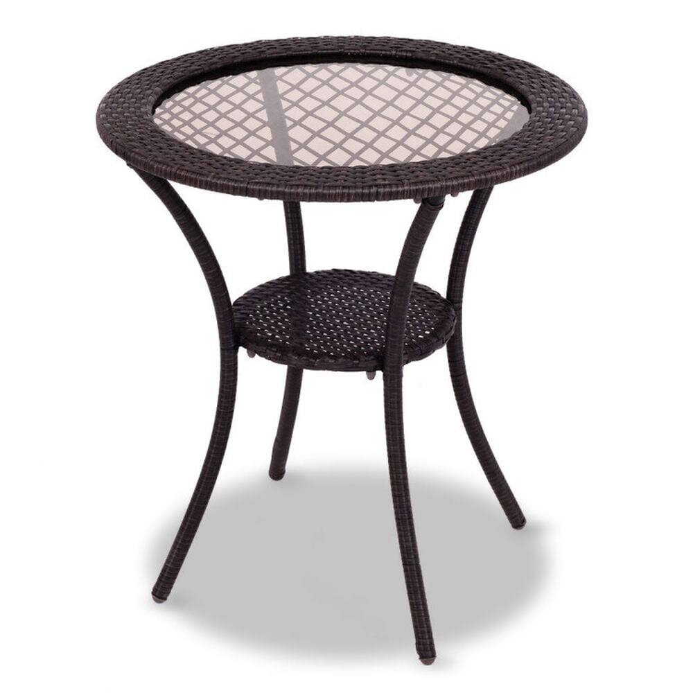 Front. Pefilos - Round Rattan Wicker Coffee Table with Lower Shelf, Round Table with Solid Structure, Table with Removable Tempered Table - Brown.