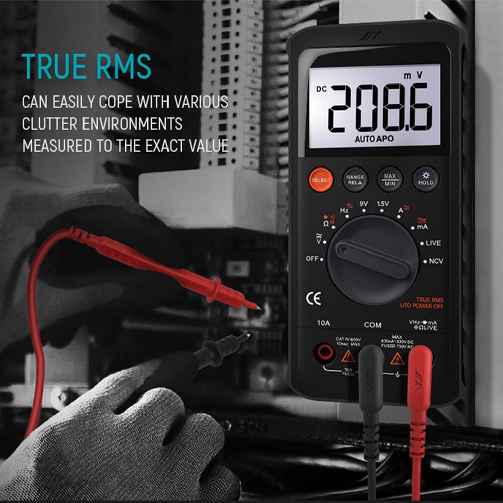 TRUE RMS  
CAN EASILY COPE WITH VARIOUS CLUTTER ENVIRONMENTS  
MEASURED TO THE EXACT VALUE  

DC 208.6 mV  
AUTO APO  

SELECT  
RANGE  
MAX  
MIN  
HOLD  

9V  
1.5V  
A  
9 mA  

OFF  
NCV  
CE  

TRUE RMS  
AUTO POWER OFF  

10A  
COM  
MAX  
VHZ- mA  
OLIVE  
CAT MAX  

4X MAX  
300V AC  
FUSED  
NOVA AC