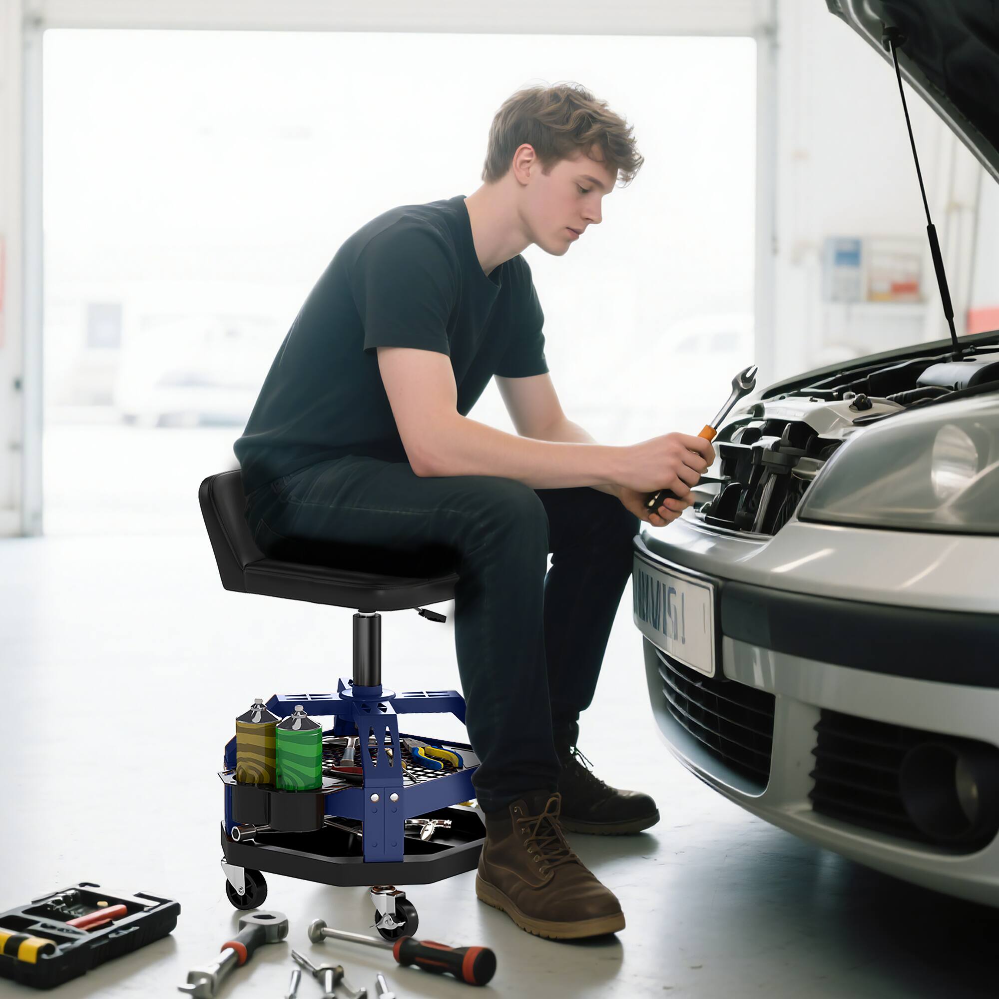 Alt View 1. Homcom - Rolling Mechanic Stool, 300 LBS Capacity Pneumatic Creeper Garage Stool with 360° Wheels, Backrest - Blue.