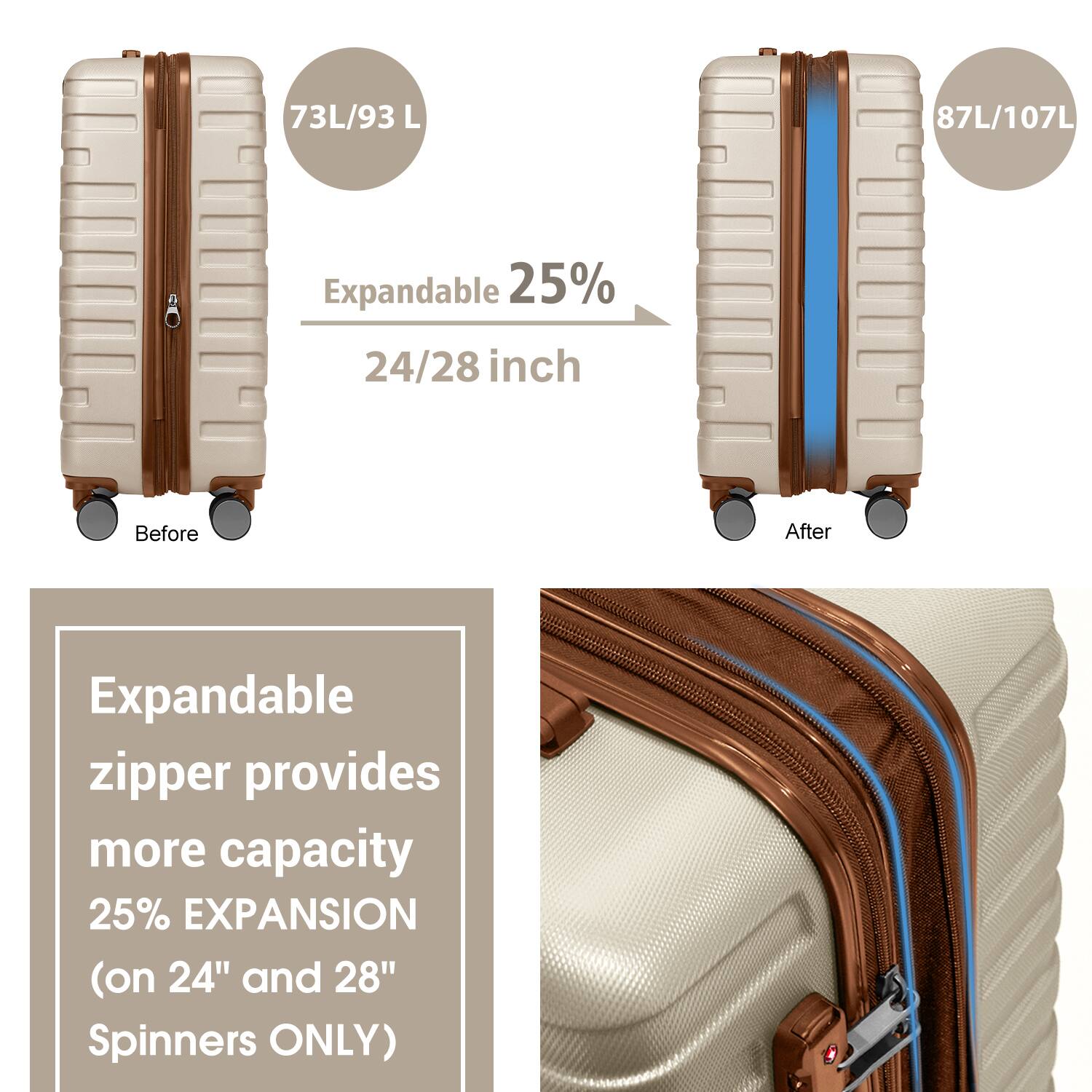 73L/93 L  
87L/107L  

Expandable 25%  
24/28 inch  

Before  
After  

Expandable zipper provides more capacity  
25% EXPANSION (on 24" and 28" Spinners ONLY)