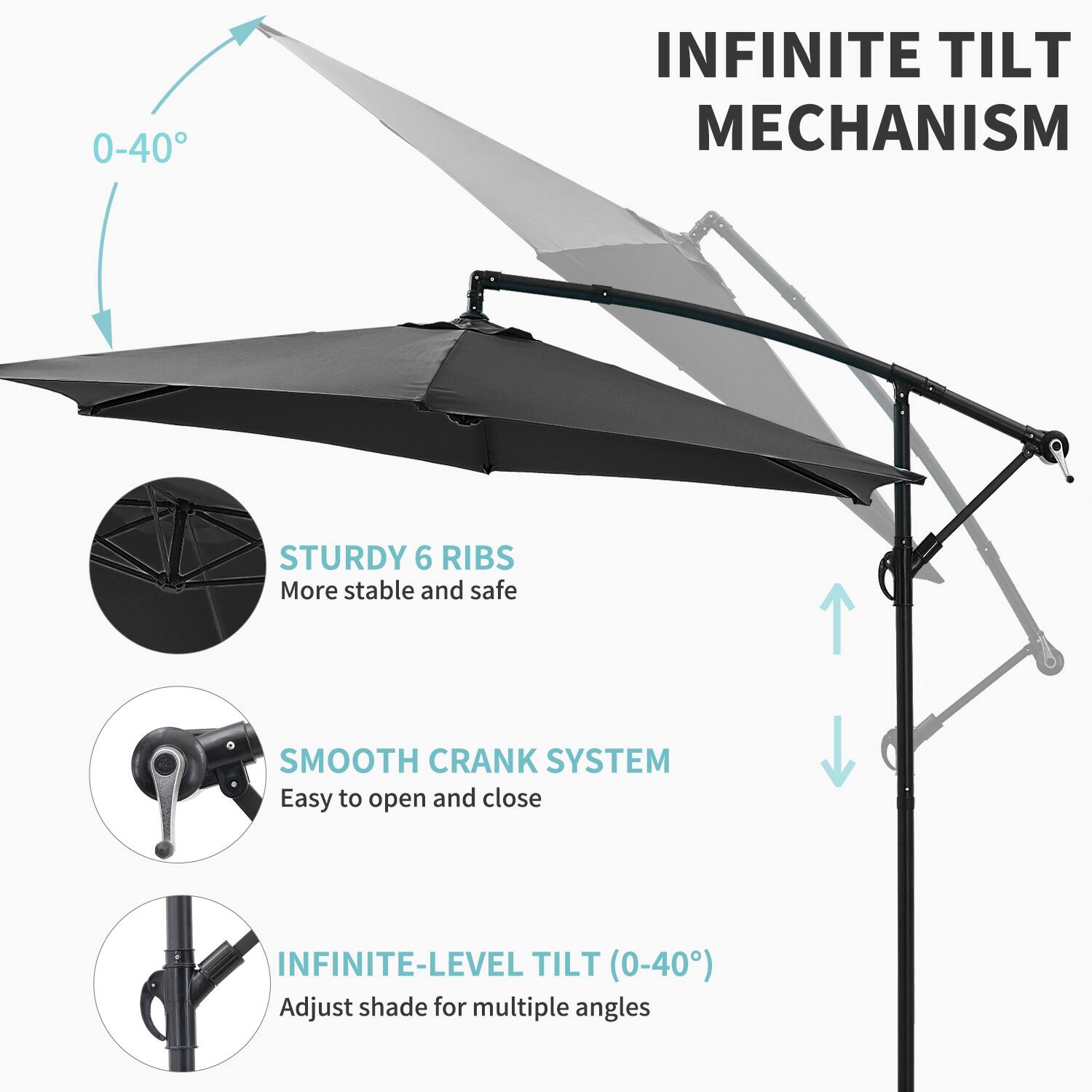 - INFINITE TILT MECHANISM
- STURDY 6 RIBS
  - More stable and safe
- SMOOTH CRANK SYSTEM
  - Easy to open and close
- INFINITE-LEVEL TILT (0-40°)
  - Adjust shade for multiple angles