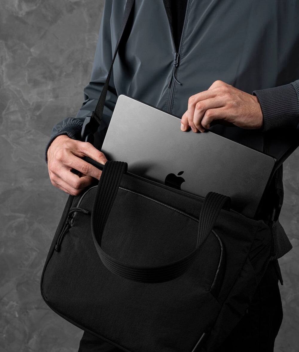 Left. ALPAKA - Bravo Tote V2 Laptop Tote for Work & Travel, Fits 14” MacBook Pro - Black Axoflux 400D.