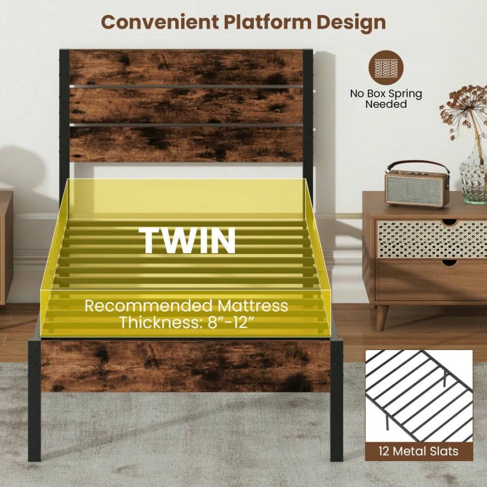 Convenient Platform Design  
No Box Spring Needed  

TWIN  
Recommended Mattress Thickness: 8"-12"  

12 Metal Slats