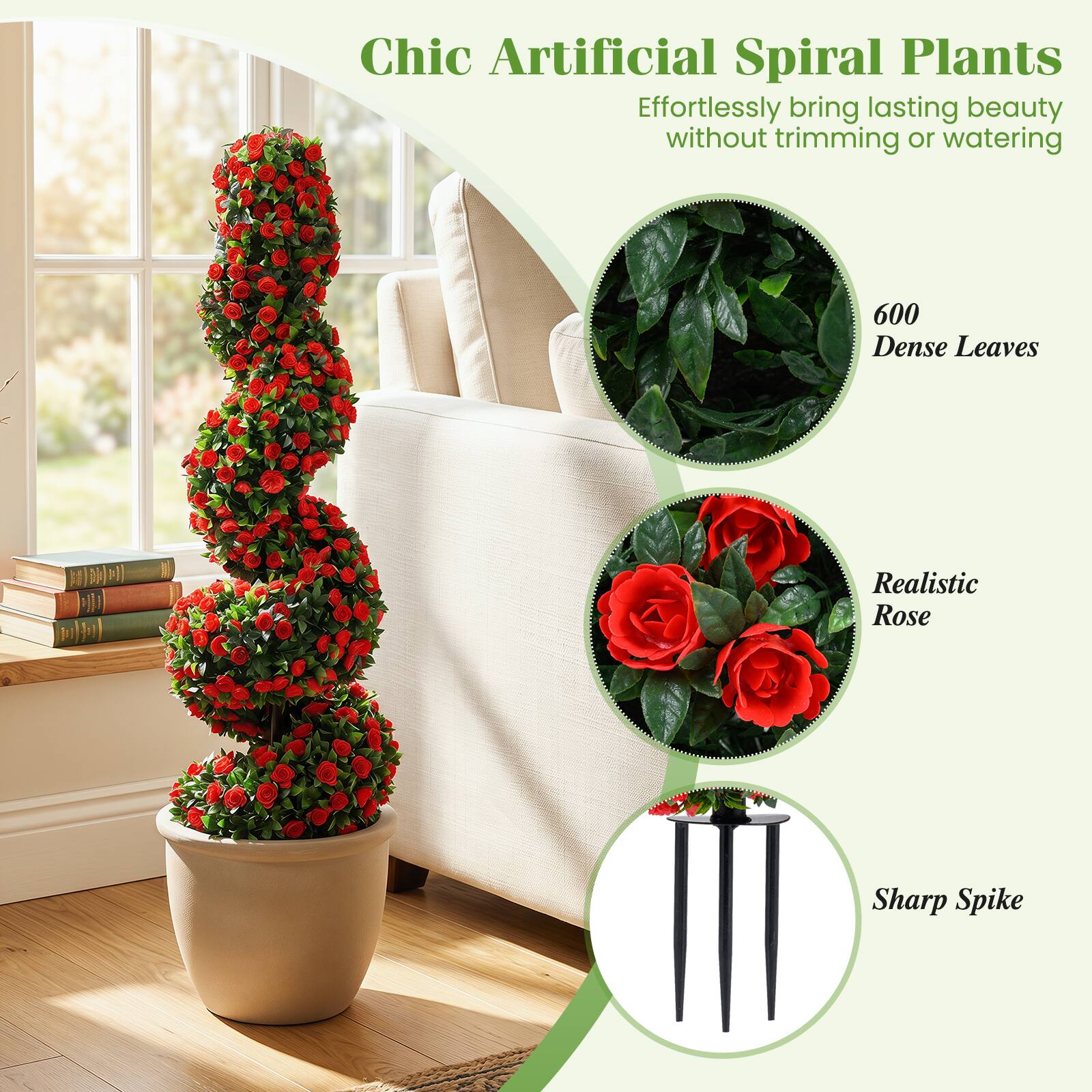 Chic Artificial Spiral Plants  
Effortlessly bring lasting beauty without trimming or watering

- 600 Dense Leaves
- Realistic Rose
- Sharp Spike