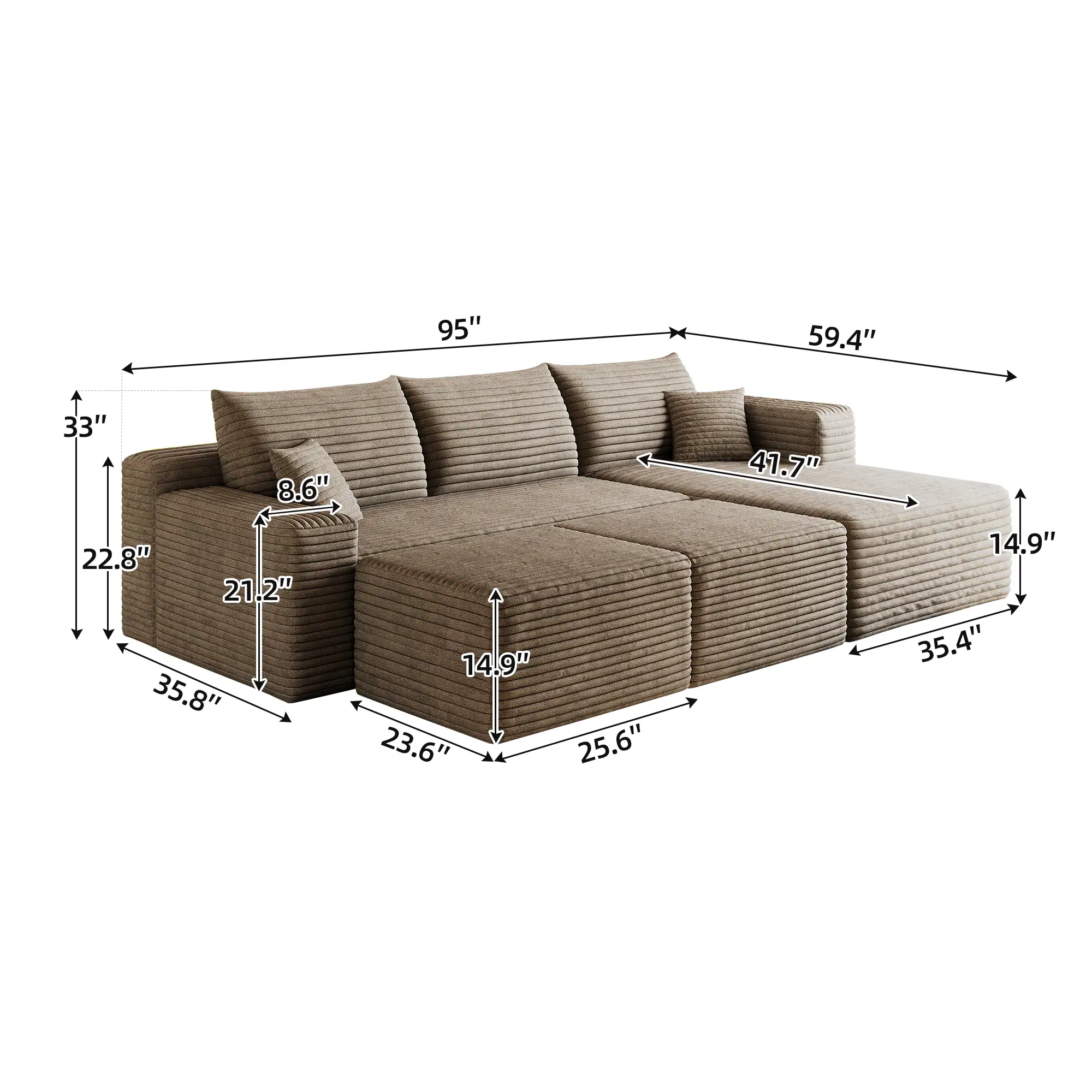 95" x 59.4"  
33"  
8.6"  
22.8"  
21.2"  
35.8"  
14.9"  
23.6"  
25.6"  
41.7"  
14.9"  
35.4"