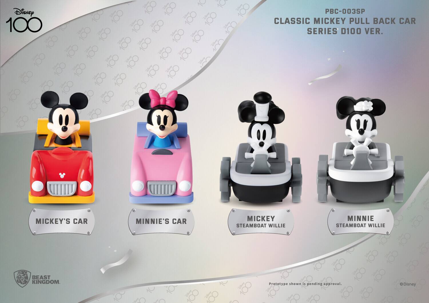 Disney 100 PBC-003SP Classic Mickey Pull Back Car Series D100 Ver. Mickey's Car, Minnie's Car, Mickey Steamboat Willie, Minnie Steamboat Willie. Beast Kingdom. Prototype shown is pending approval. Disney.