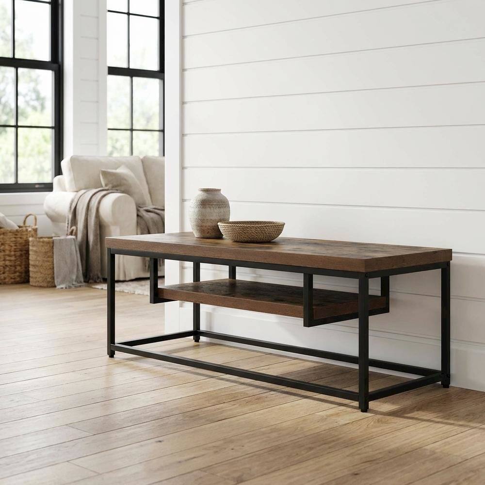 Alt View 1. FurniFact - Weathered Oak & Black Metal TV Stand with Elegant Storage Design - Brown.