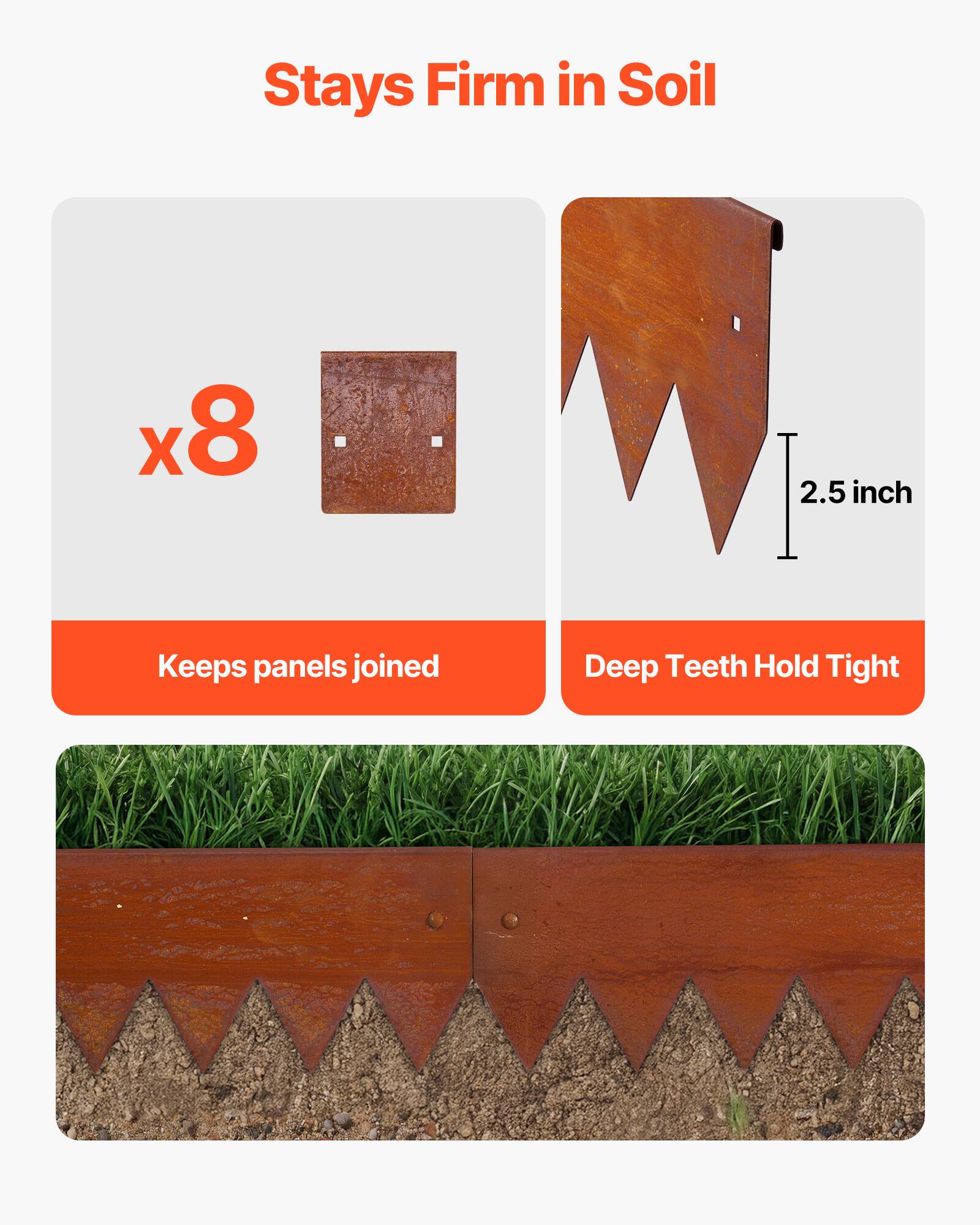 Stays Firm in Soil  
x8  
2.5 inch  
Keeps panels joined  
Deep Teeth Hold Tight
