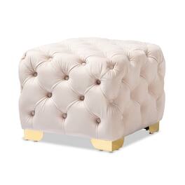 Baxton Studio - Avara Glam and Luxe Velvet Fabric Upholstered Gold Finished Button Tufted Ottoman - Light Beige/Gold