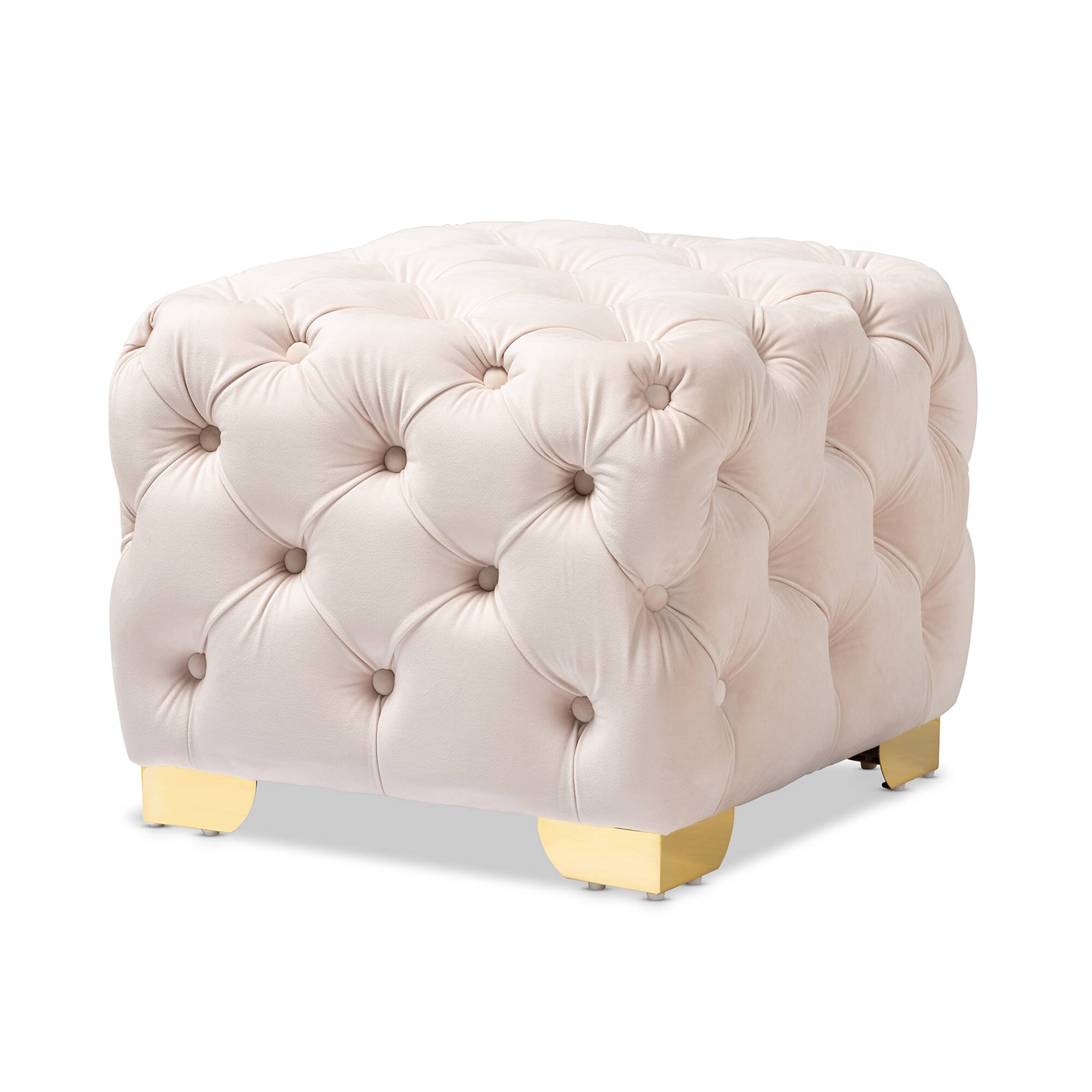 Front. Baxton Studio - Avara Glam and Luxe Velvet Fabric Upholstered Gold Finished Button Tufted Ottoman - Light Beige/Gold.