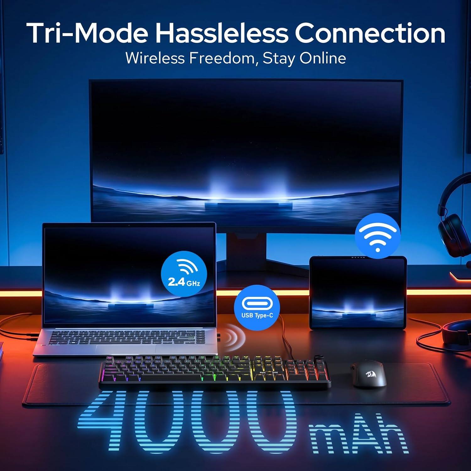 Tri-Mode Hassleless Connection Wireless Freedom, Stay Online

2.4GHz
USB Type-C
4000mAh