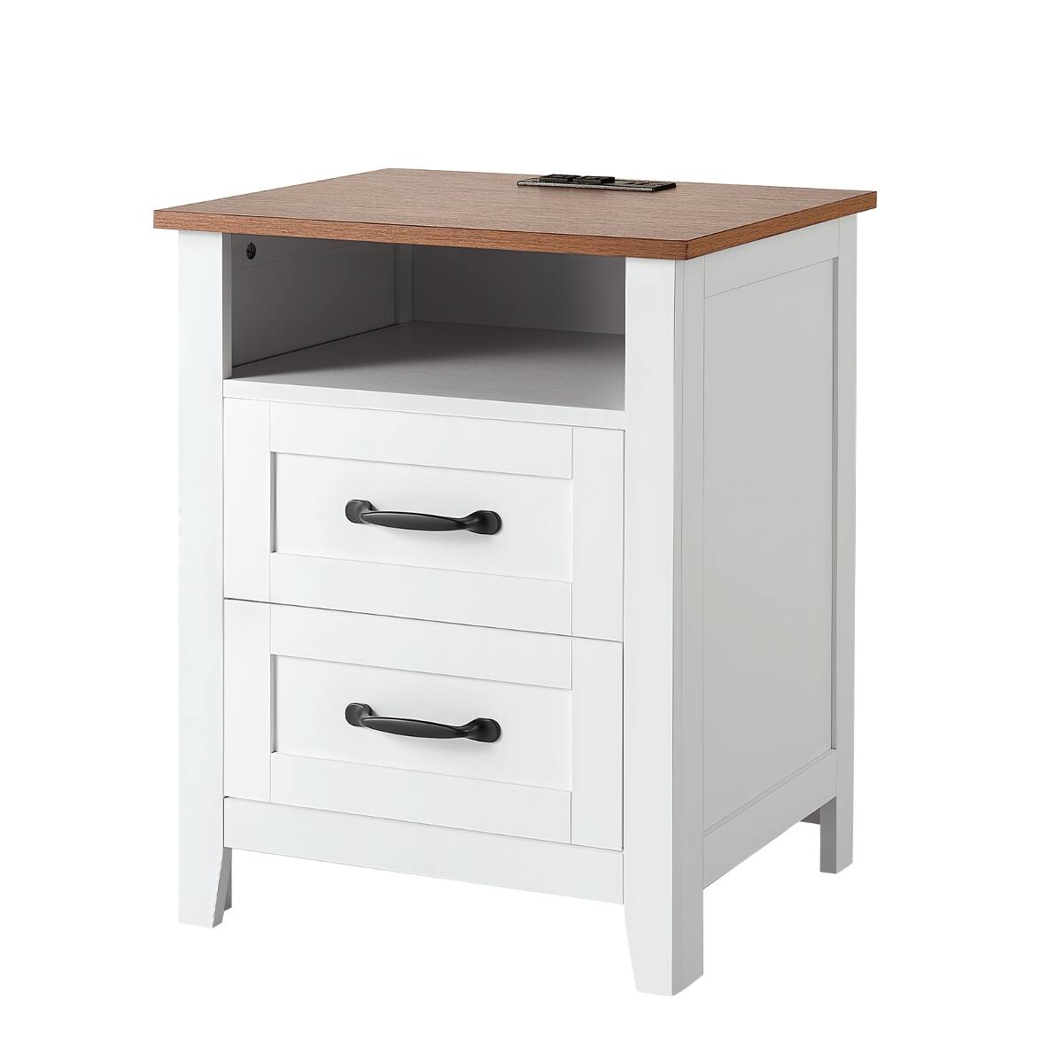 Alt View 7. Loheer - Loheer Farmhouse Nightstand with Charging Station, White, Two Drawers and Open Shelf - White.