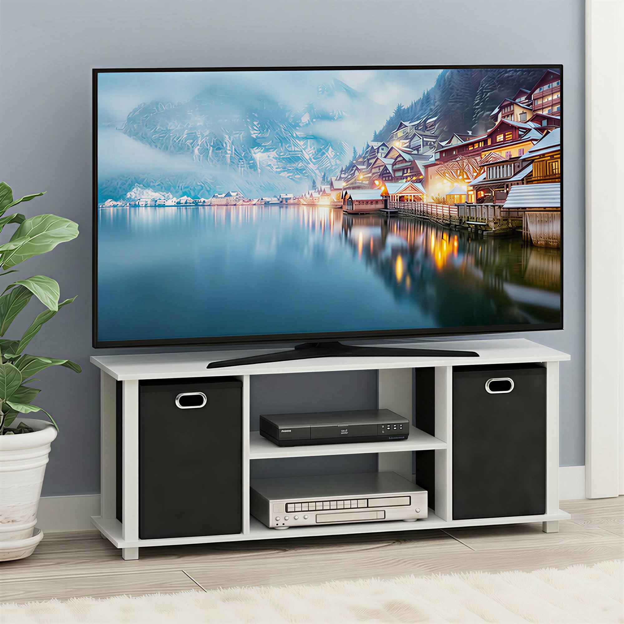 Alt View 1. Furinno - ECON TV Stand, 3-Tier Rectangular Entertainment Center with Open Back and Storage Bins for TV up to 46 Inch, TV Console - White/White/Black.