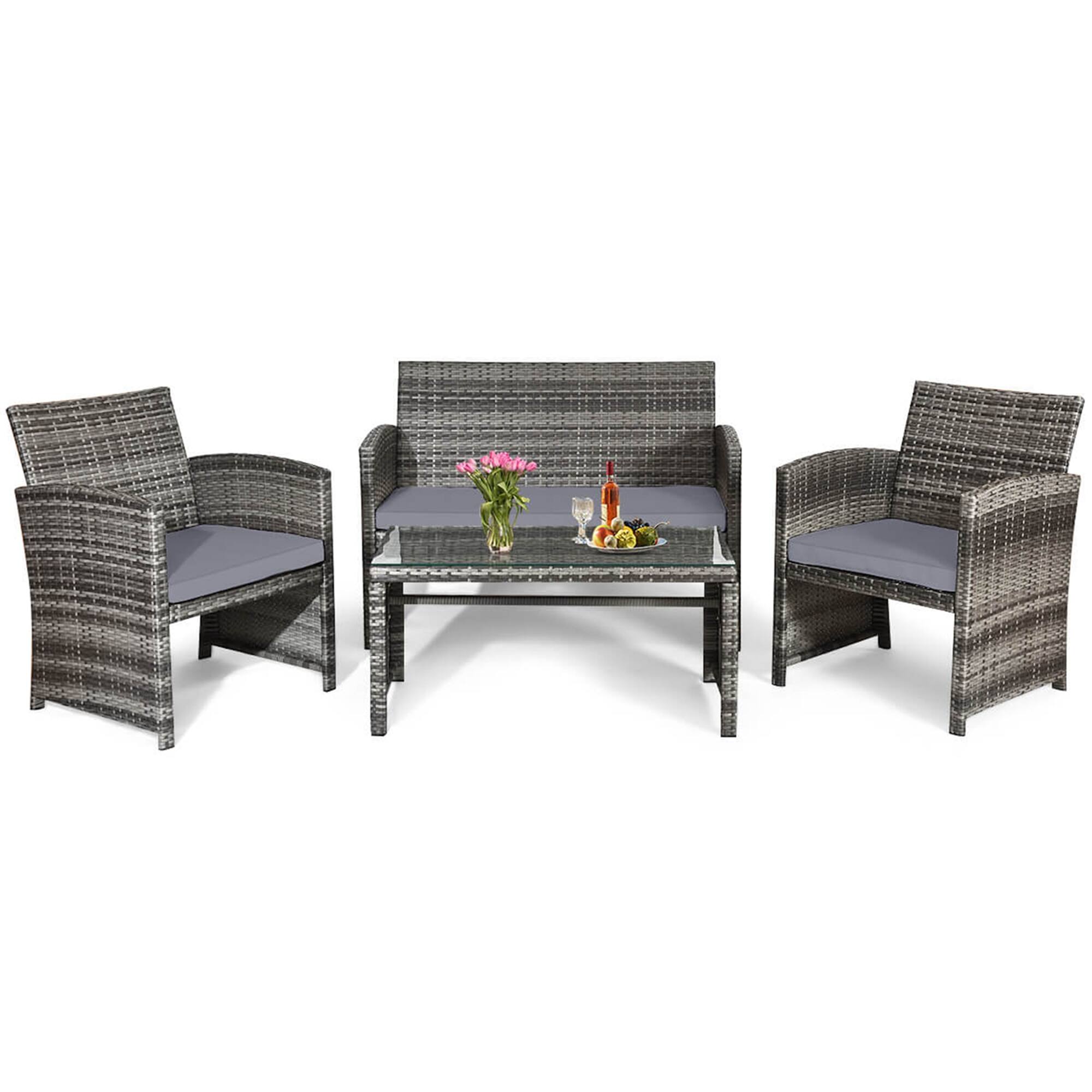 Angle. Costway - 4 PCS Patio Cushioned Rattan Sofa with Glass Top Table - Gray.