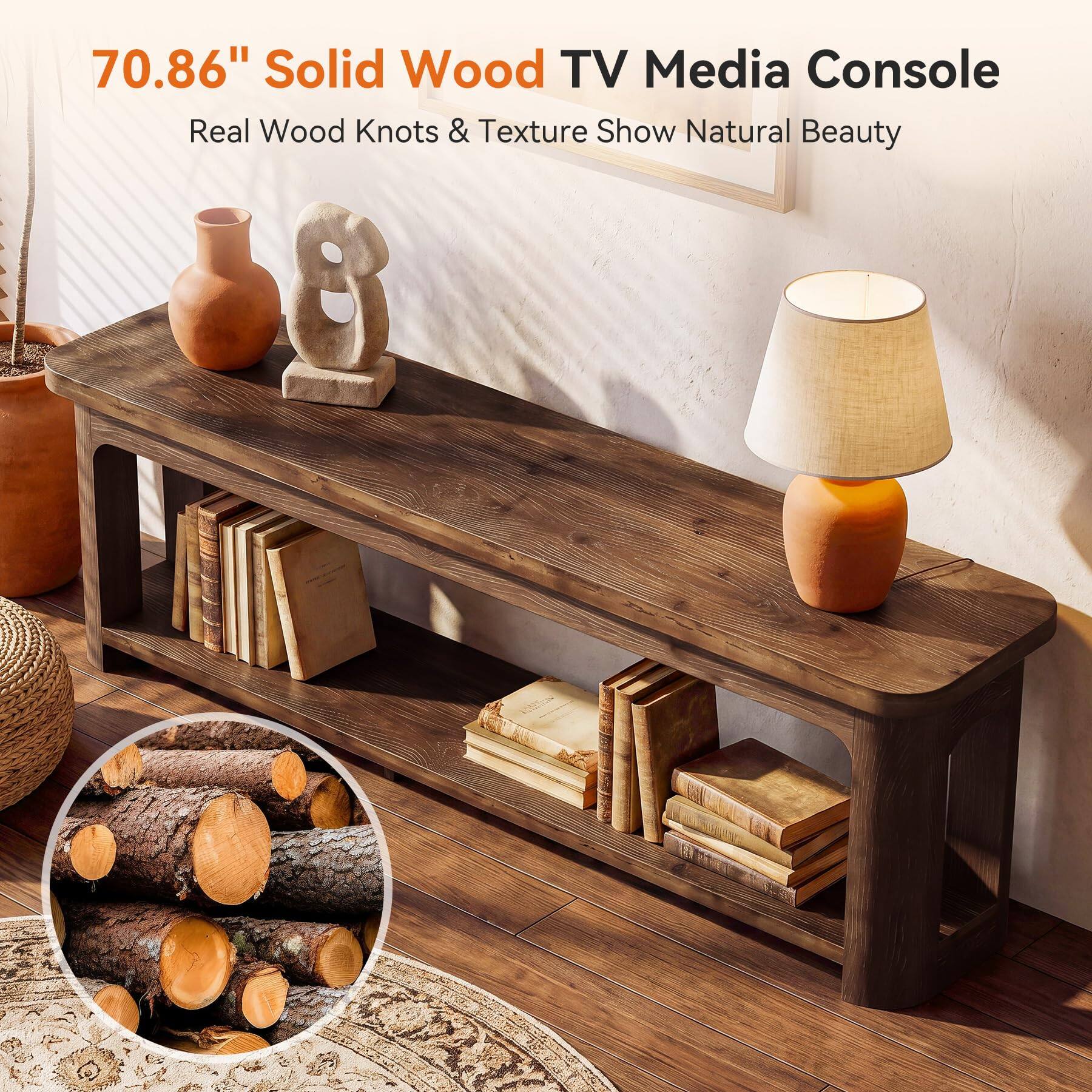 70.86" Solid Wood TV Media Console  
Real Wood Knots & Texture Show Natural Beauty