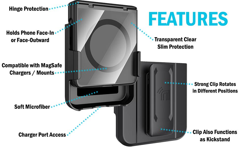 Hinge Protection  
Holds Phone Face-In or Face-Outward  
Compatible with MagSafe Chargers / Mounts  
Transparent Clear Slim Protection  
Soft Microfiber  
Charger Port Access  
Strong Clip Rotates in Different Positions  
Clip Also Functions as Kickstand