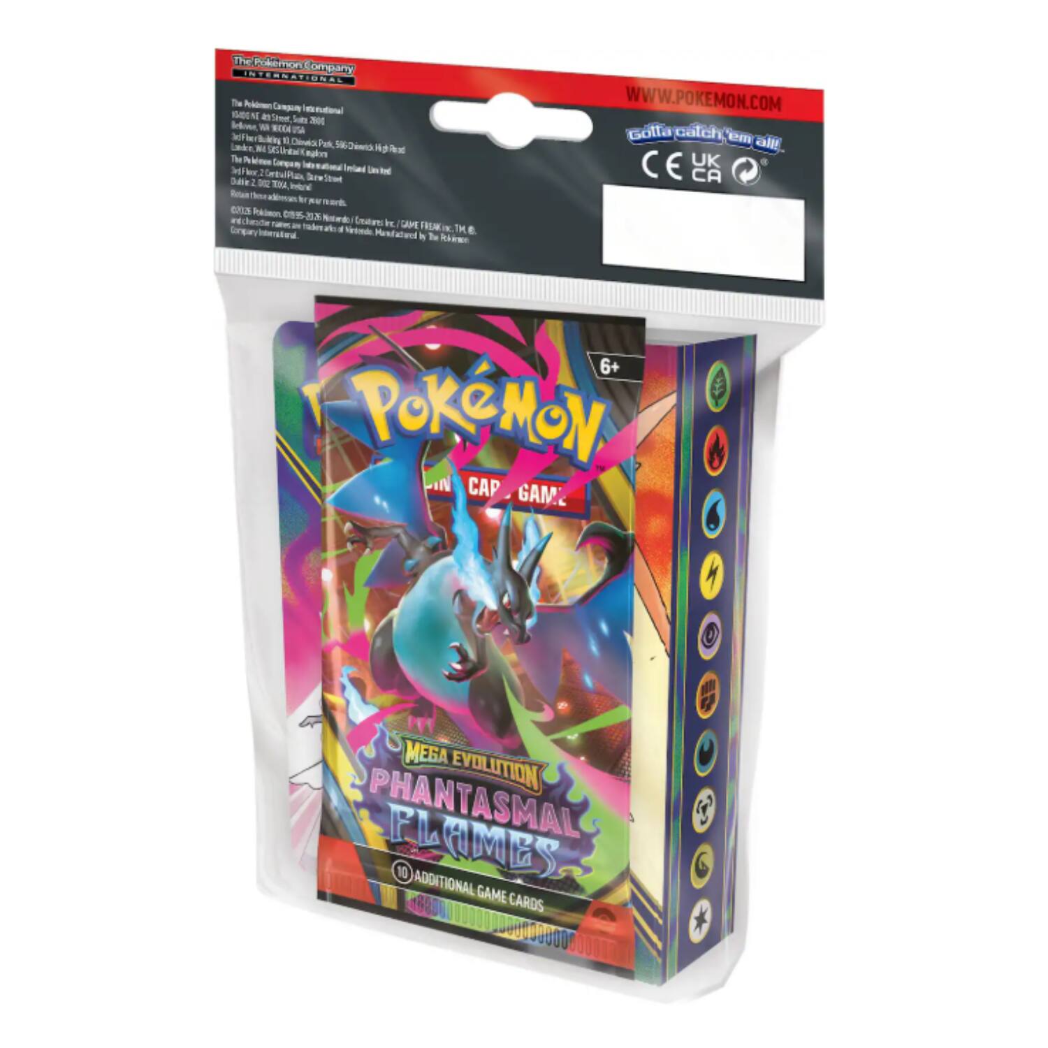 The Pokémon Company  
INTERNATIONAL  

The Pokémon Company is a multinational enterprise that develops and markets Pokémon products and entertainment. It is headquartered in Tokyo, Japan. The company is a subsidiary of The Pokémon Company International, which is a joint venture between Nintendo, Game Freak, and Creatures Inc. The Pokémon Company International is responsible for the development and distribution of Pokémon games, trading card games, and other merchandise. The company has been in operation since 1998 and has expanded its reach to over 200 countries and regions worldwide.  

www.pokemon.com  

Gotta catch 'em all!  

CE CA UK  

6+  

Pokémon  
CAP. GAME  

MEGA EVOLUTION  
PHANTASMAL FLAMES  
10 ADDITIONAL GAME CARDS