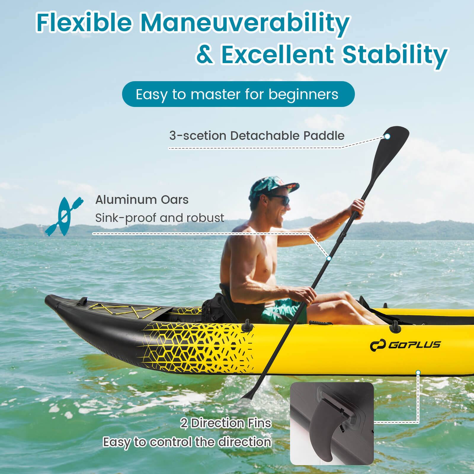 Flexible Maneuverability & Excellent Stability: Easy to master for beginners, 3-section Detachable Paddle, Aluminum Oars, Sink-proof and robust, GOPLUS 2 Direction Fins, Easy to control the direction.