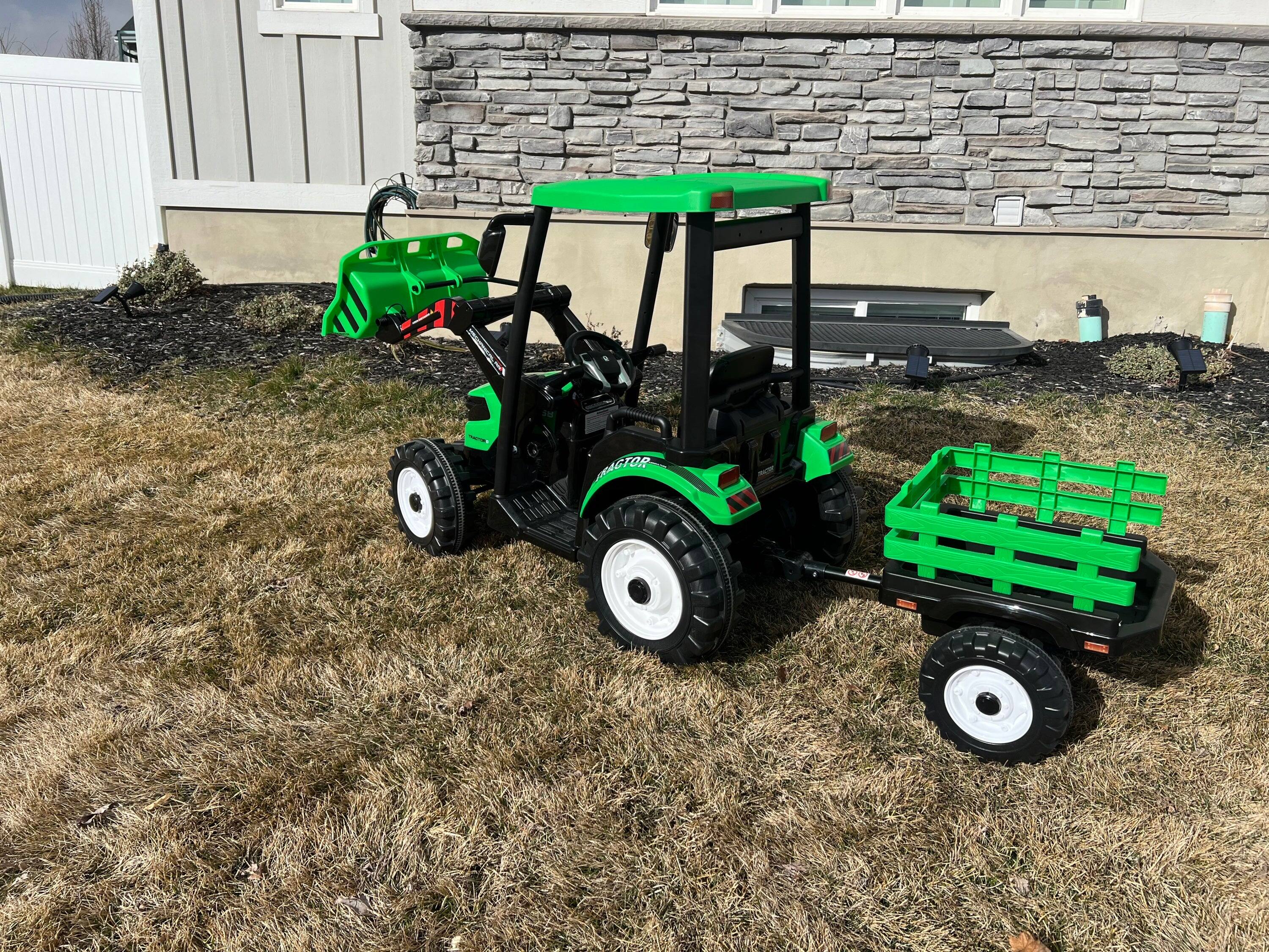 Left. BreeBe - 24V Kids Ride-On Tractor with Parent Remote, Pedal Tractor, Working Loader & Backhoe, Electric Vehicle with Trailer - Green.
