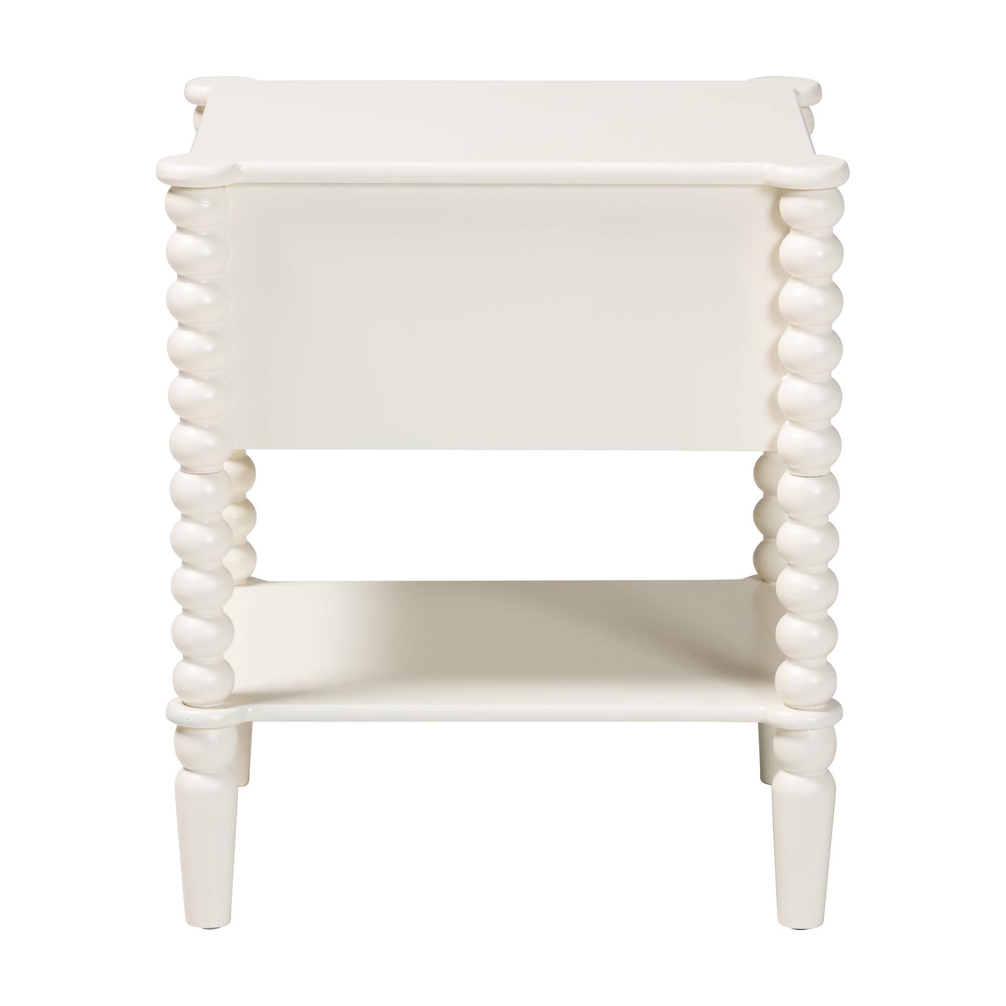 Alt View 1. Baxton Studio - Rimona End Table with Bobbin Legs - 1-Drawer Accent Table with Spindle Turned Legs and Open Shelf - White.