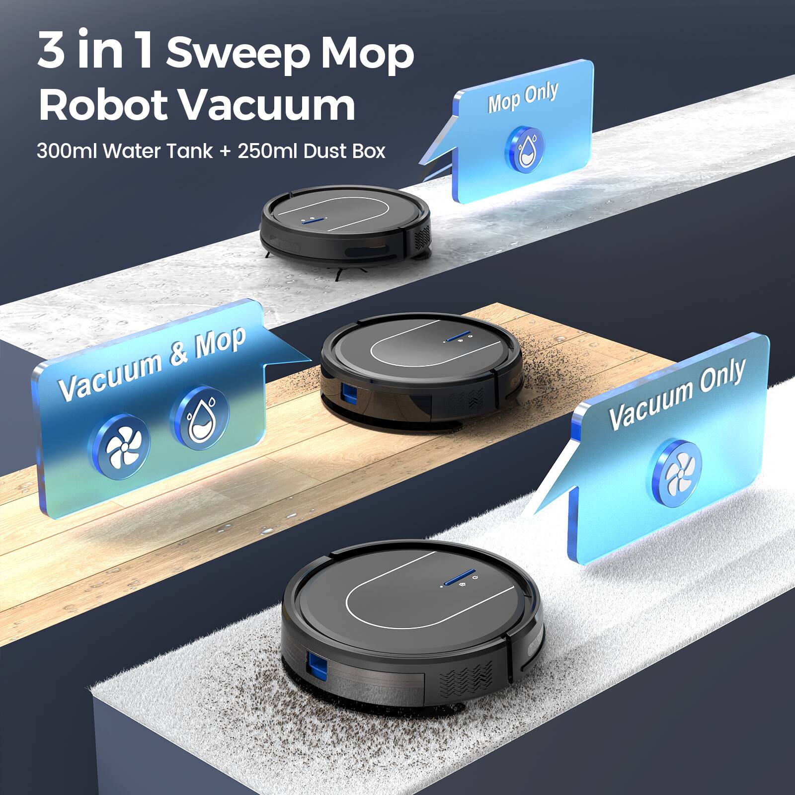 3 in 1 Sweep Mop Robot Vacuum  
300ml Water Tank + 250ml Dust Box  

- Vacuum & Mop  
- Map Only  
- Vacuum Only