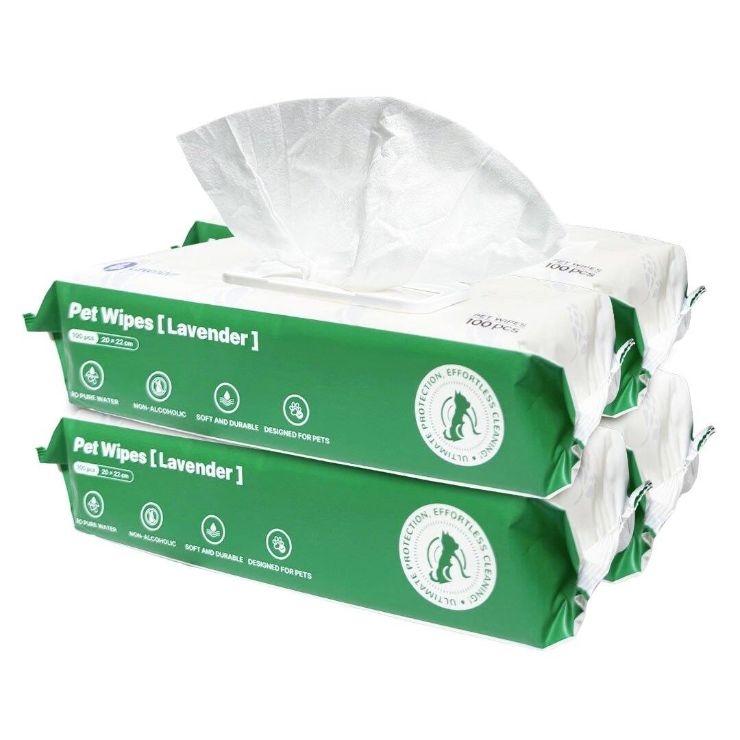 100pcs Pet Wipes [Lavender]  
100 pcs 20-22cm  
100% PURE WATER  
NON-ALCOHOLIC  
SOFT AND DURABLE  
DESIGNED FOR PETS  
PROTECTION EFFORTLESS ULTIMATE CLEANING