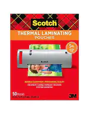 Scotch Thermal Laminating Pouches
5 Mil Letter Size
Durable Clear Finish
Professional Quality
Kids Artwork - Labeling - Certificates - Documents
Everyday Laminating
50 Pouches
8.5" x 11.4" (228 mm x 291 mm) EA
3M