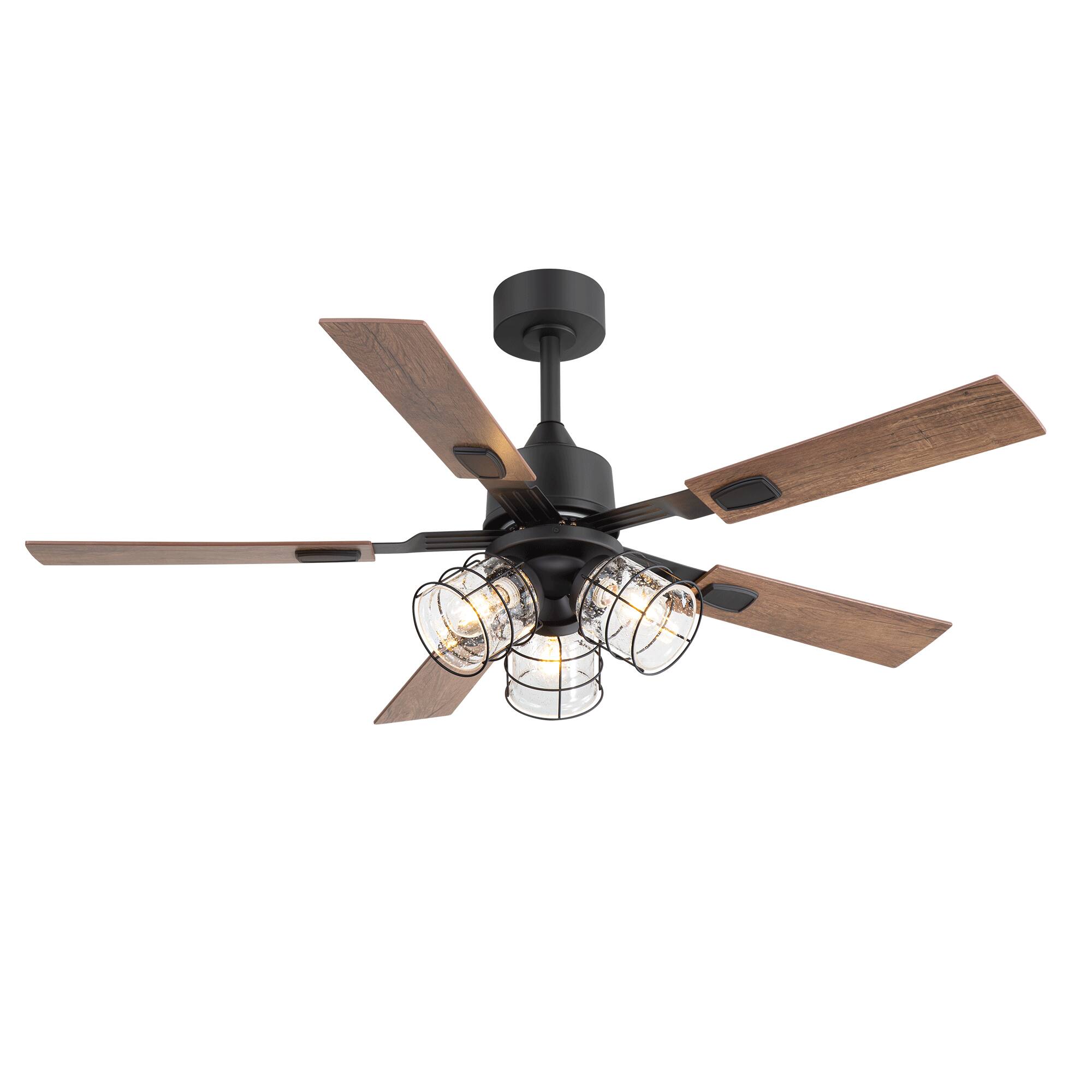 Angle. Breezary - 52 Inch Ceiling Fan with 5 Dual-Finish Plywood Blades, DC Motor, 6-Inch Downrod, 6-Speed Remote Control & Timer - Matte Black and Dark Wood Grain + Light Wood Grain.