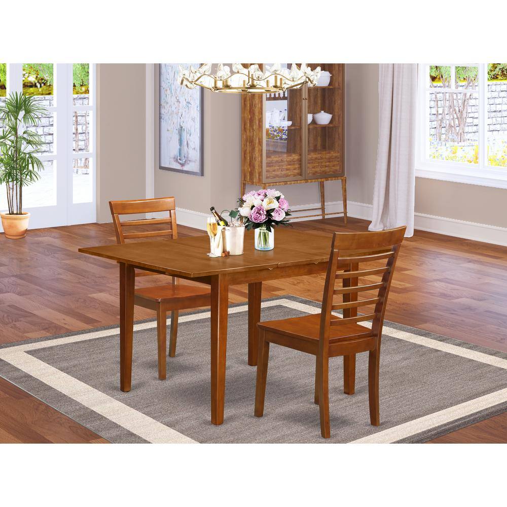 Back. East West Furniture - 3 Pc set Milan offering Leaf and 2 hard wood Kitchen Chairs in Saddle Brown . - Saddle Brown.