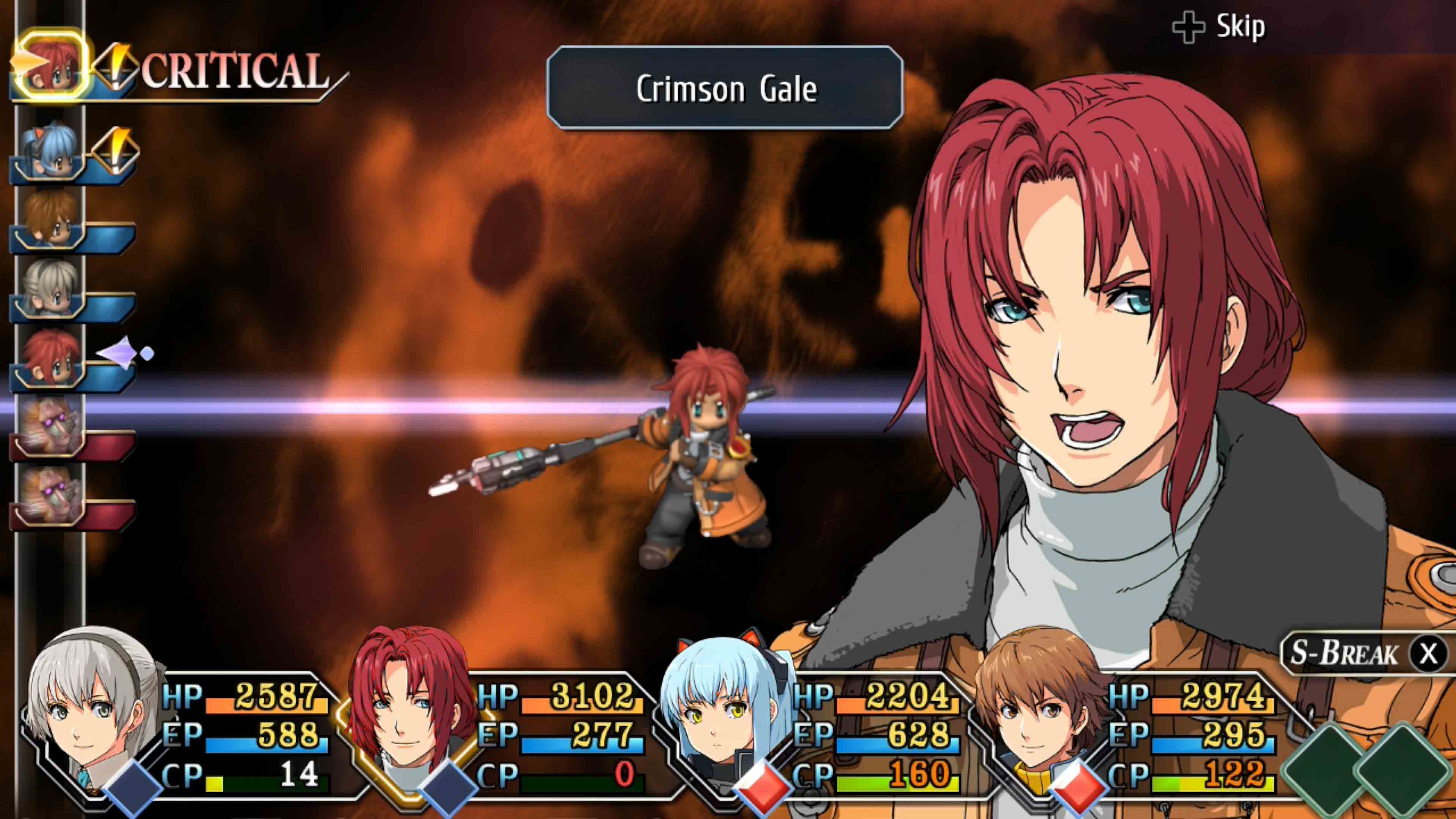 CRITICAL Crimson Gale + Skip  
HP 2587 EP 588 CP 14  
HP 3102 EP 277 CP 0  
HP 2204 EP 628 CP 160  
HP 2974 EP 295 CP 122  
S-BREAK X