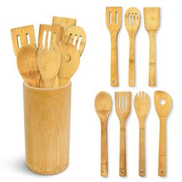 Cheer Collection - 8 Piece Wood Cooking Utensil Set with Holder for Nonstick Pots and Daily Cooking - Brown