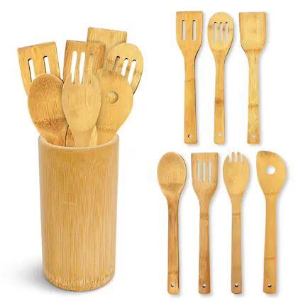 Front. Cheer Collection - 8 Piece Wood Cooking Utensil Set with Holder for Nonstick Pots and Daily Cooking - Brown.