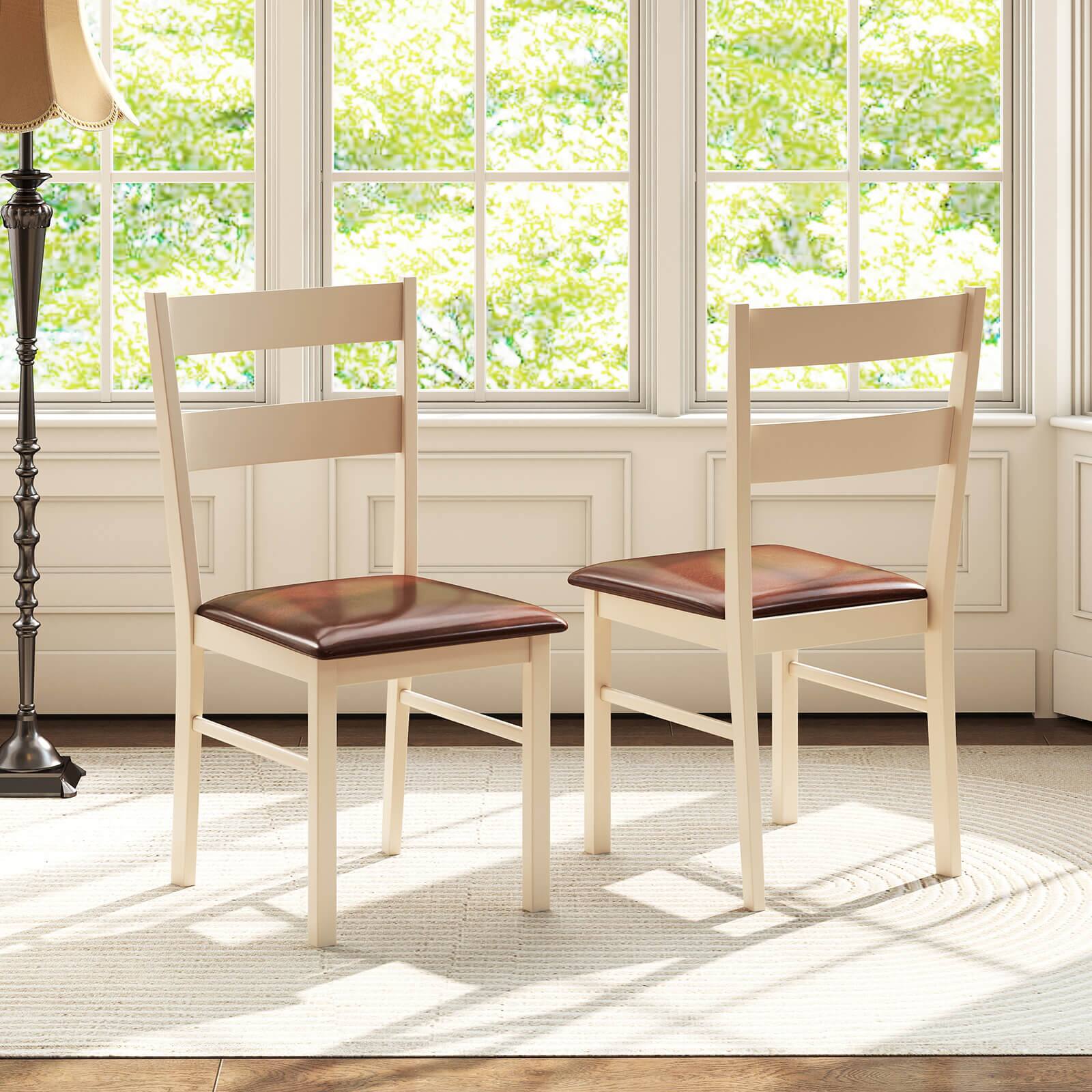 Alt View 3. Costway - Costway Wooden dining chair set of 2 with rubber wood frame padded seat for kitchen - White,Brown.
