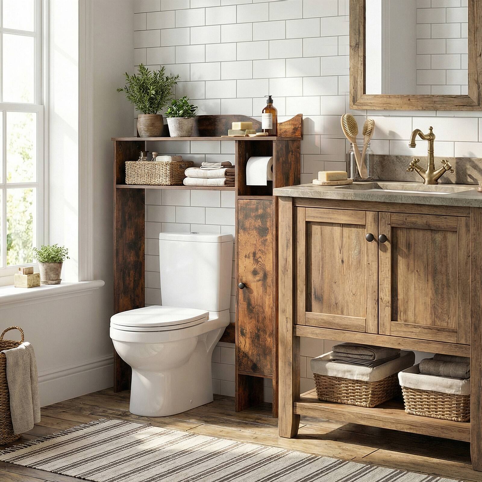 Alt View 3. Costway - Costway Over The Toilet Storage Cabinet with Toilet Paper Holder and Removable Shelves - Rustic Brown.