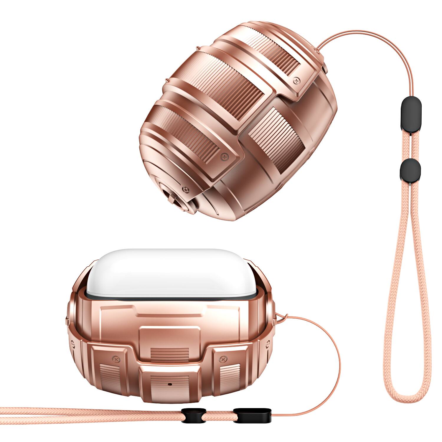 Angle. Dteck - Rugged Shockproof Case for Airpods Pro 3rd Gen (2025) with Lanyard, Full Body Protective Cover, Secure Magnetic Lock - Rosegold.