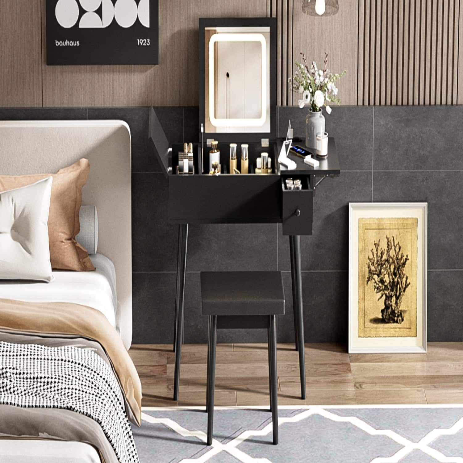 Lirago - Wood Dresser Table with Flip Top Mirror LED Light Dressing Table Desk 15.83”D x 27.95“ W x 29.92“ H - Black