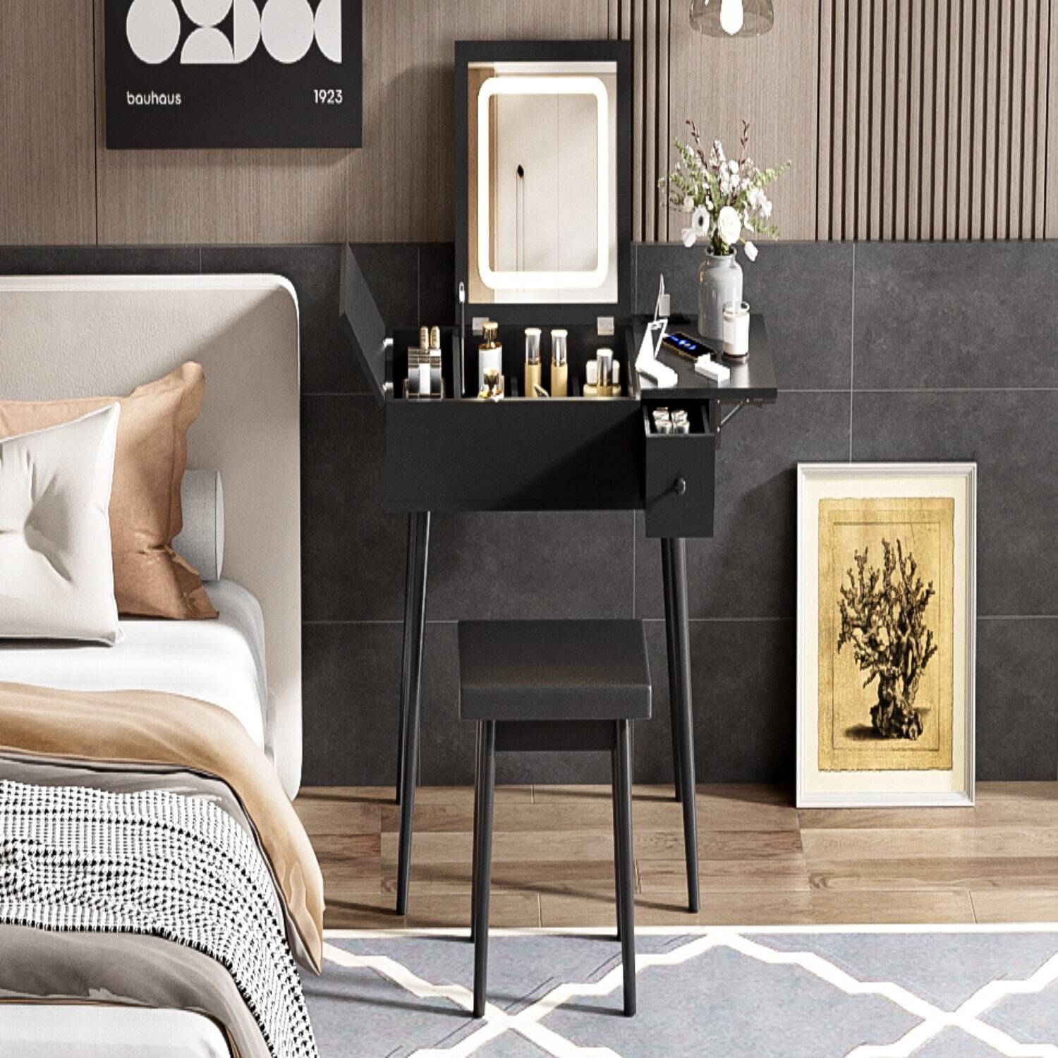 Lirago - Wood Dresser Table with Flip Top Mirror LED Light Dressing Table Desk 15.83”D x 27.95“ W x 29.92“ H - Black