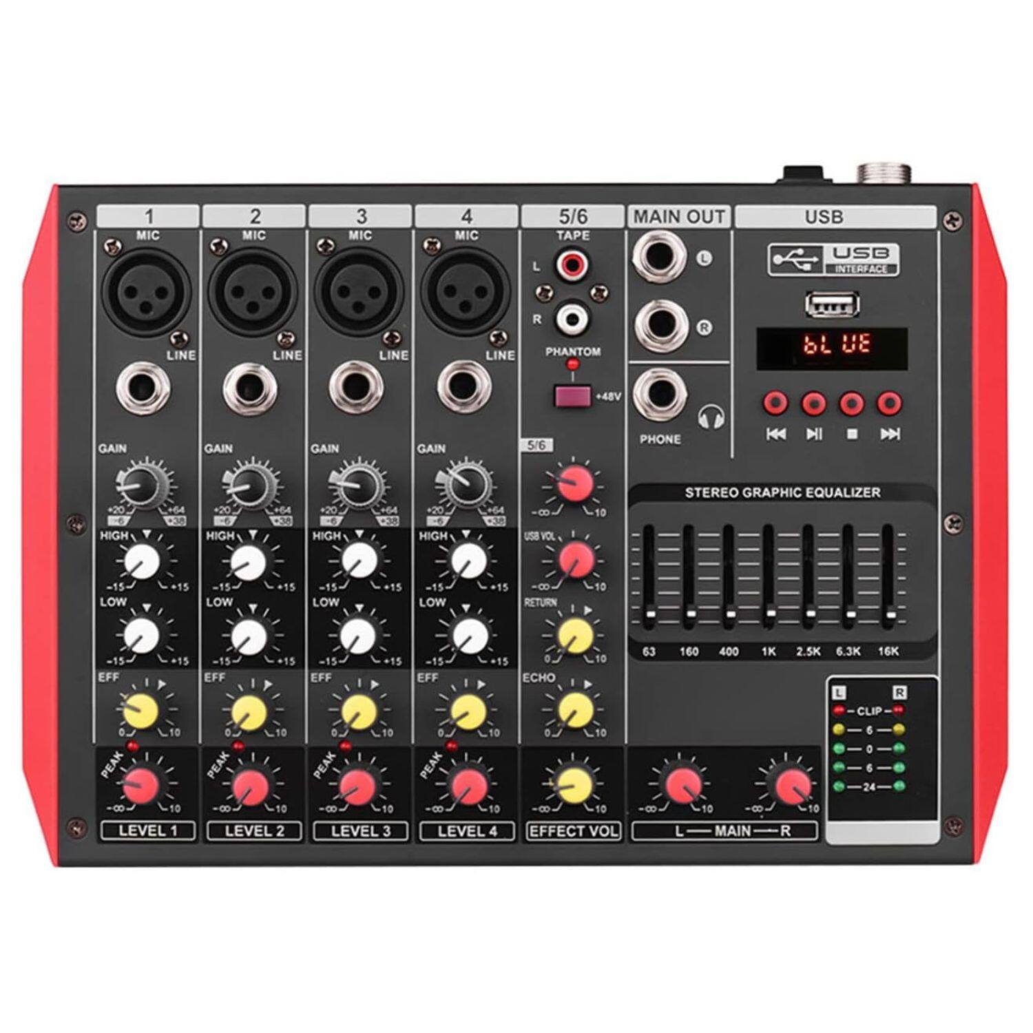 1 MIC 2 MIC 3 MIC 4 MIC L 5/6 TAPE MAIN OUT L USB USB INTERFACE LINE LINE LINE LINE R PHANTOM R bt UE +48V GAIN GAIN GAIN GAIN 5/6 PHONE H4 HI N -20 HIGH +4 -3 +20 E HIGH +4 O +20 HIGH + 38 +20 HIGH H64 O. 8 us VOL 10 STEREO GRAPHIC EQUALIZER -15- LOW +15 LOW +15 -15- LOW 15 15 LOW *15 8 RETURN 10 -15- EFF 15 EFF 15 EFF 15 -15 EFF +15 ECHO 10 63 160 400 1K 2.5K 6.3K 16K E R CLIP 0. PEAK 10 0 PEAK 10 D PEAK 10 - PEAK 10 D 10 6 0 6 24 10 LEVEL 1 10 LEVEL 2 8 10 LEVEL 3 10 LEVEL 4 8 10 EFFECT VOL L 10 8 MAIN R 10