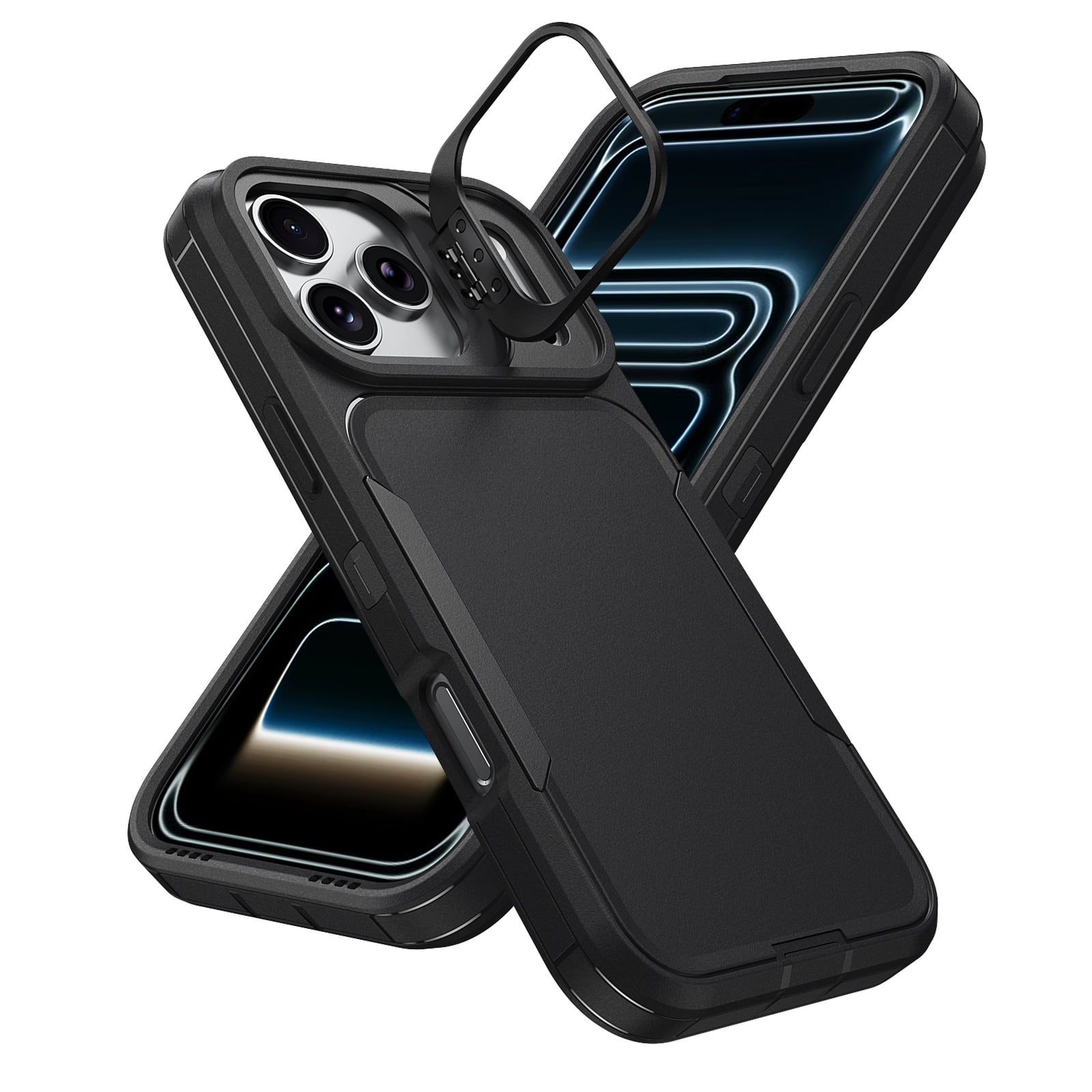 Dteck - For Apple iPhone 17 Pro Max Rugged Case, Heavy Duty Dual Layer Shockproof Lens Kickstand Drop Protection Cover - Black