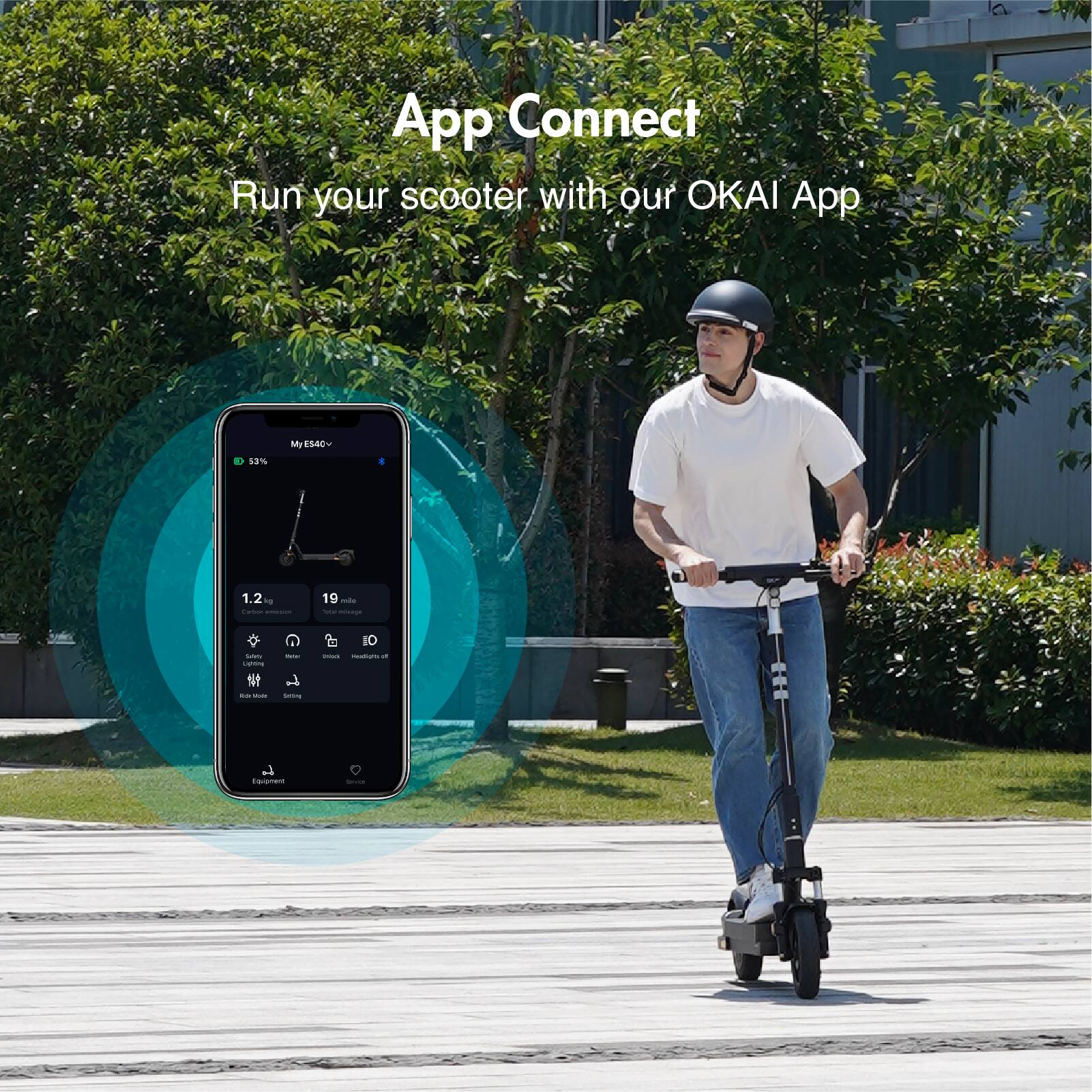 App Connect Run your scooter with our OKAI App My ES4CW - 53% 1.2 t i 19 - - - - i G - I0 - - - - - -e taamert -