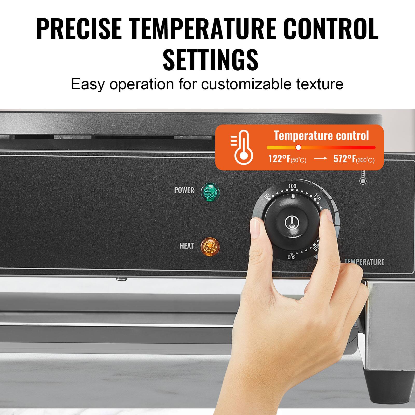 PRECISE TEMPERATURE CONTROL SETTINGS  
Easy operation for customizable texture  

Temperature control  
122°F (50°C)  
572°F (300°C)  

POWER  
100  
50  
100  
150  

HEAT  
300  

TEMPERATURE