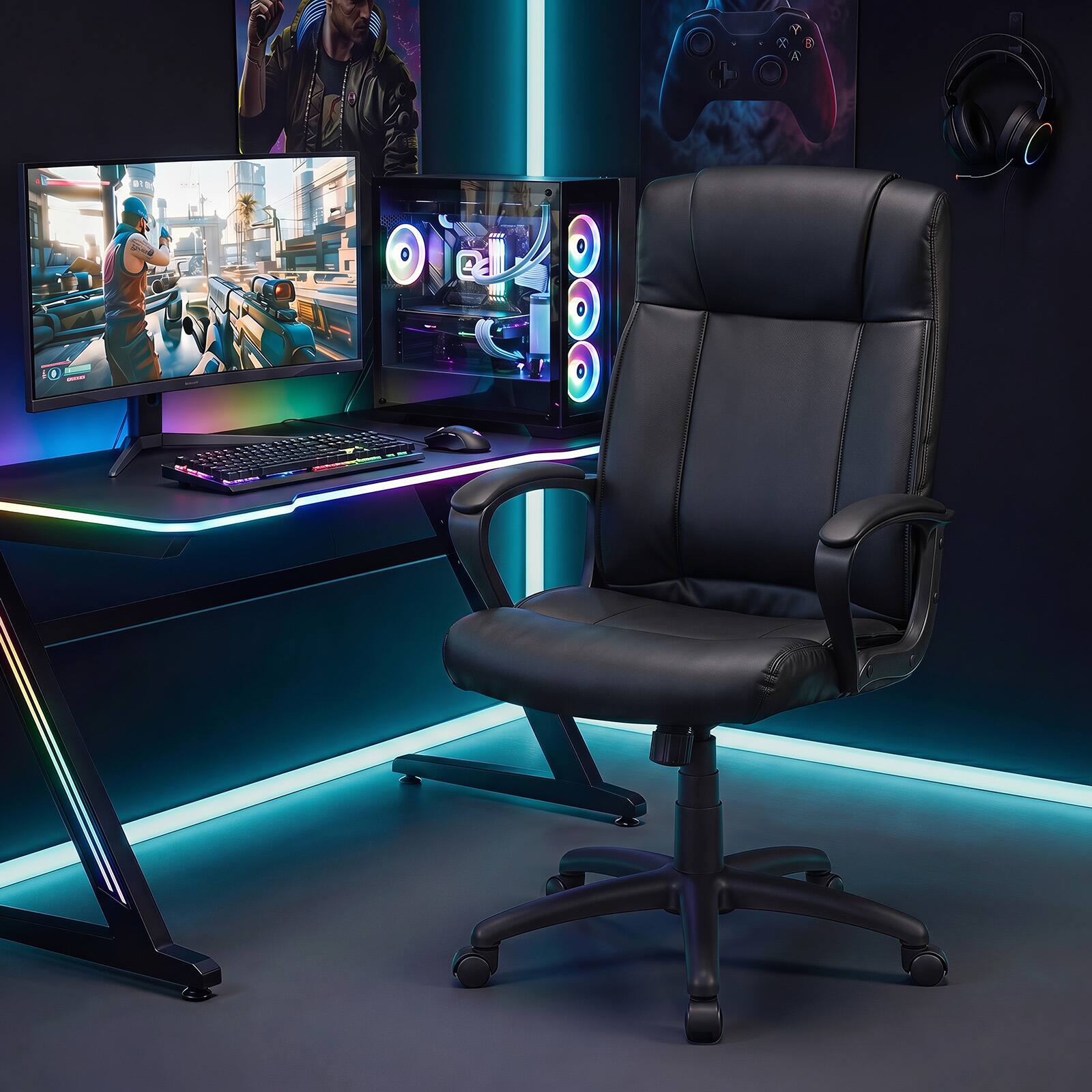 Alt View 4. Gymax - Gymax 2PCS Faux Leather Office Chair Computer Desk Chair w/Rocking Function for Office Black - Black.