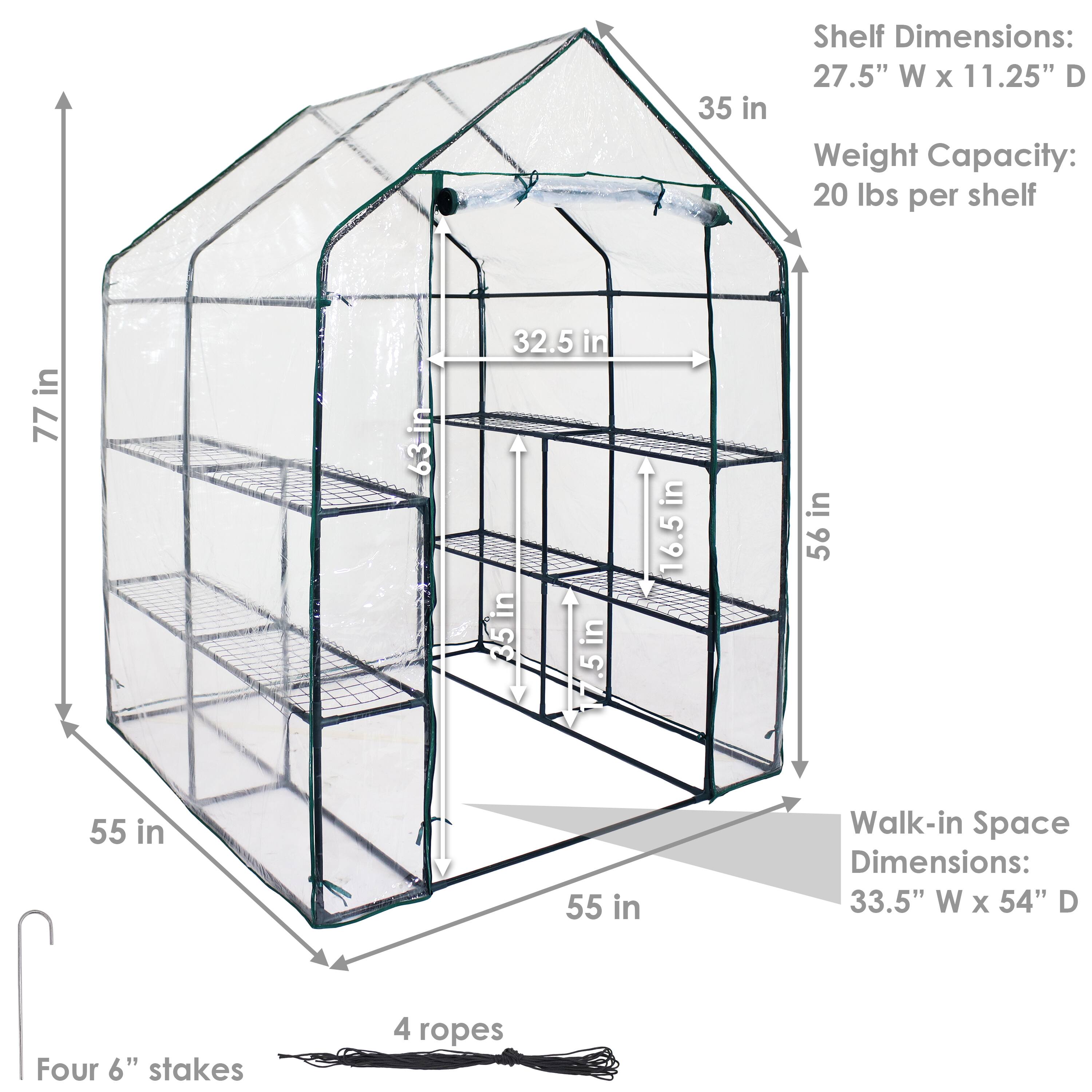Shelf Dimensions: 27.5" W x 11.25" D  
Weight Capacity: 20 lbs per shelf  

Walk-in Space Dimensions: 33.5" W x 54" D  

Four 6" stakes  
4 ropes  

35 in  
77 in  
63 in  
32.5 in  
16.5 in  
56 in  
55 in  
55 in