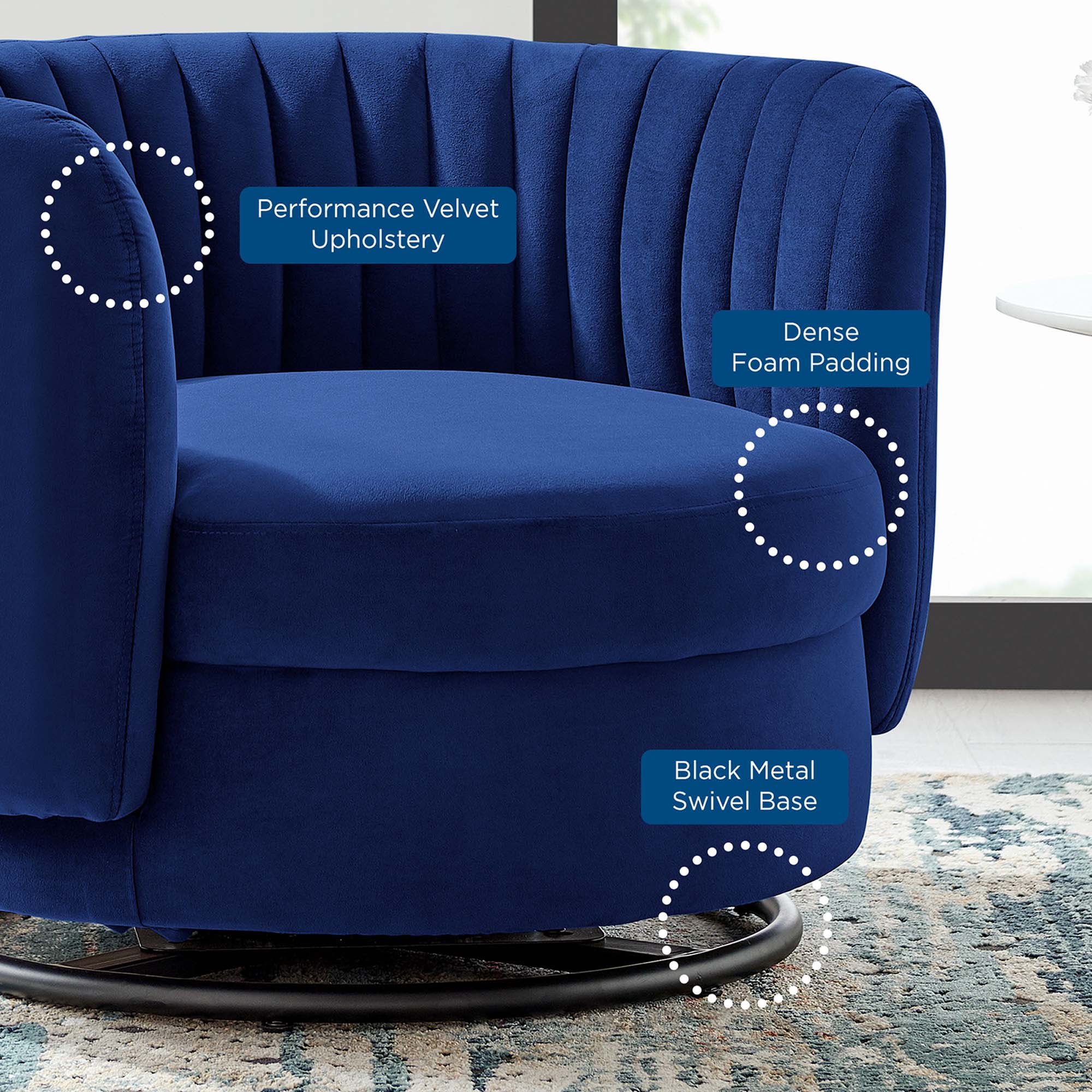 - Performance Velvet Upholstery
- Dense Foam Padding
- Black Metal Swivel Base